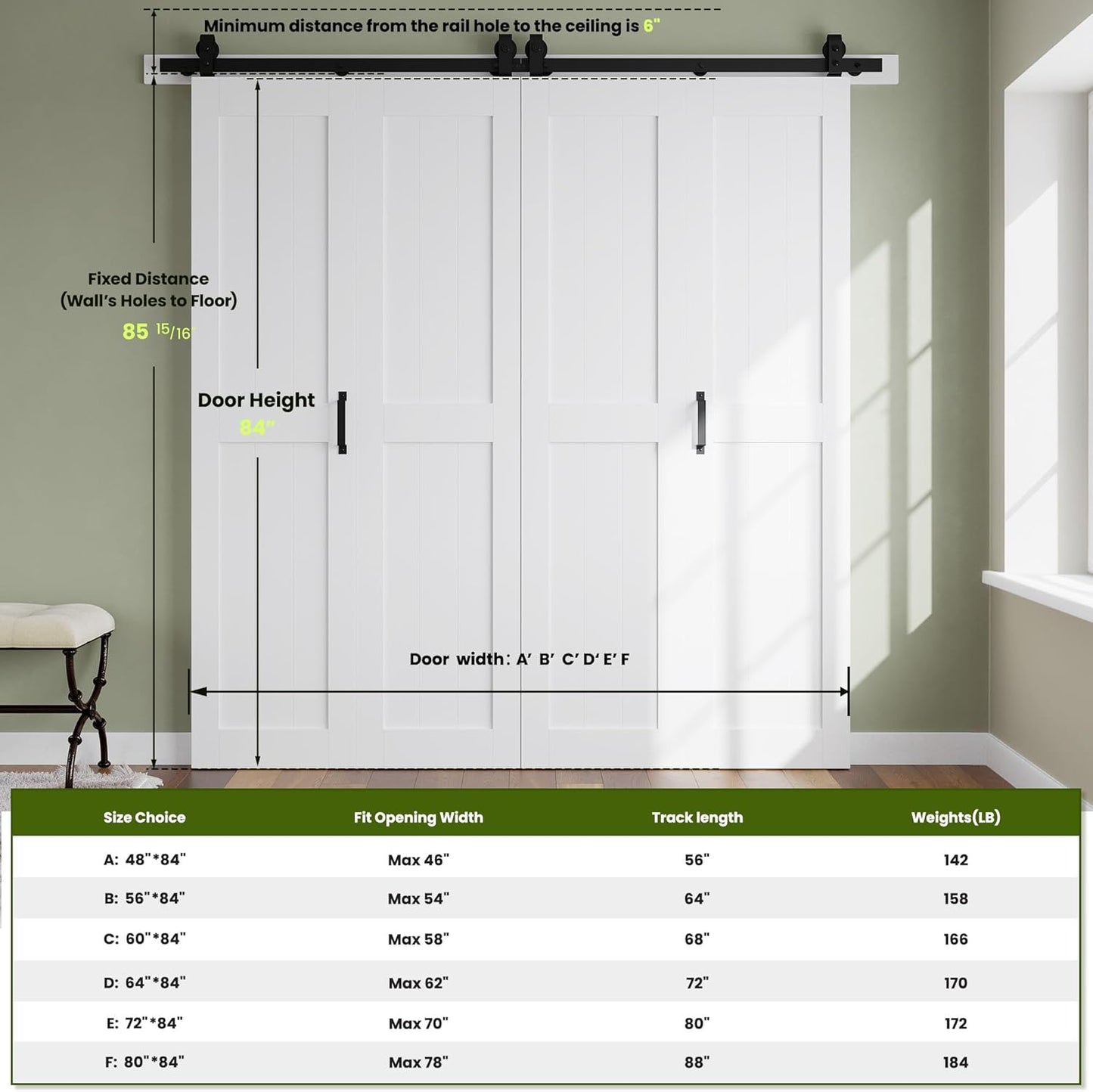 60'' x 84'' SmartStandard Bifold Barn Door Set with Hardware Kit - Waterproof, Quiet, Easy Assembly - White Color, 68'' Track Kit for 4 Doors