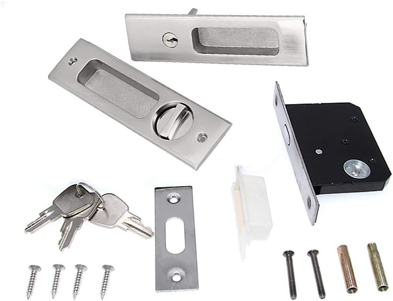 6.3" Brushed Silver Privacy Pocket Door Lock with Keys - Double Barn Door Lock Hardware for Sliding Doors