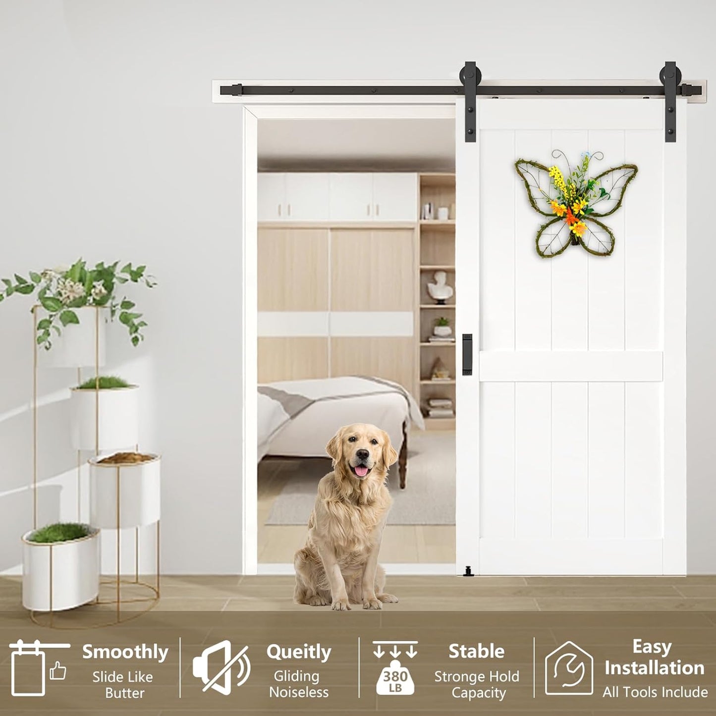 6.6FT Heavy Duty Barn Door Hardware Kit with Floor Guide, 2 Handles & Lock - Smooth Sliding Track Kit for 36"-40" Wide Panel - Interior/Exterior (J Shape Hanger) - WildKart