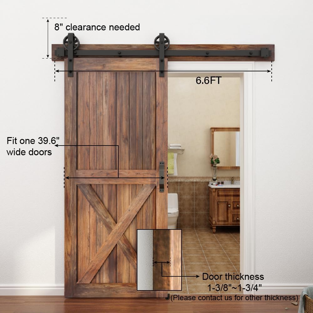 6.6FT Single Wood Sliding Barn Door Hardware Kit with Big Spoke Wheel Roller - Black Carbon Steel Flat Track System