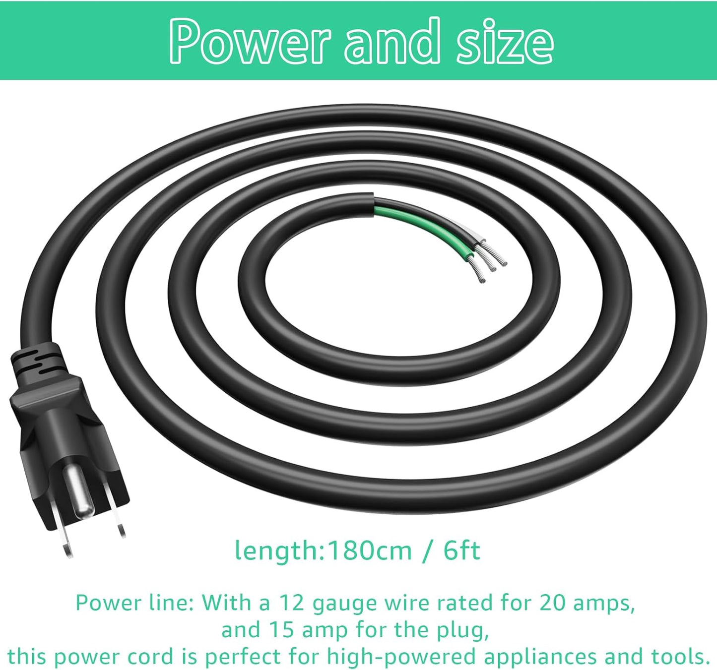 6ft 12 Gauge 3 Prong Heavy Duty Replacement Power Supply Cord Cable for Electrical Appliances, Power Tools, Dishwashers, Grinders - Black