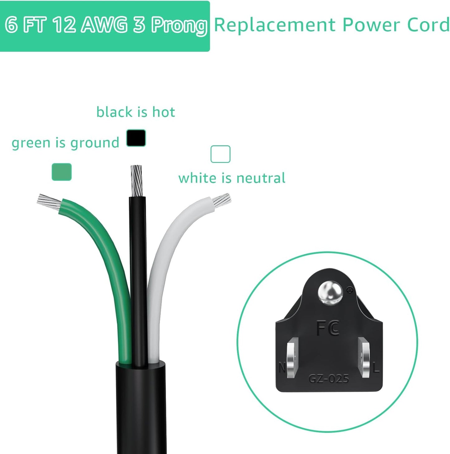 6ft 12 Gauge 3 Prong Heavy Duty Replacement Power Supply Cord Cable for Electrical Appliances, Power Tools, Dishwashers, Grinders - Black
