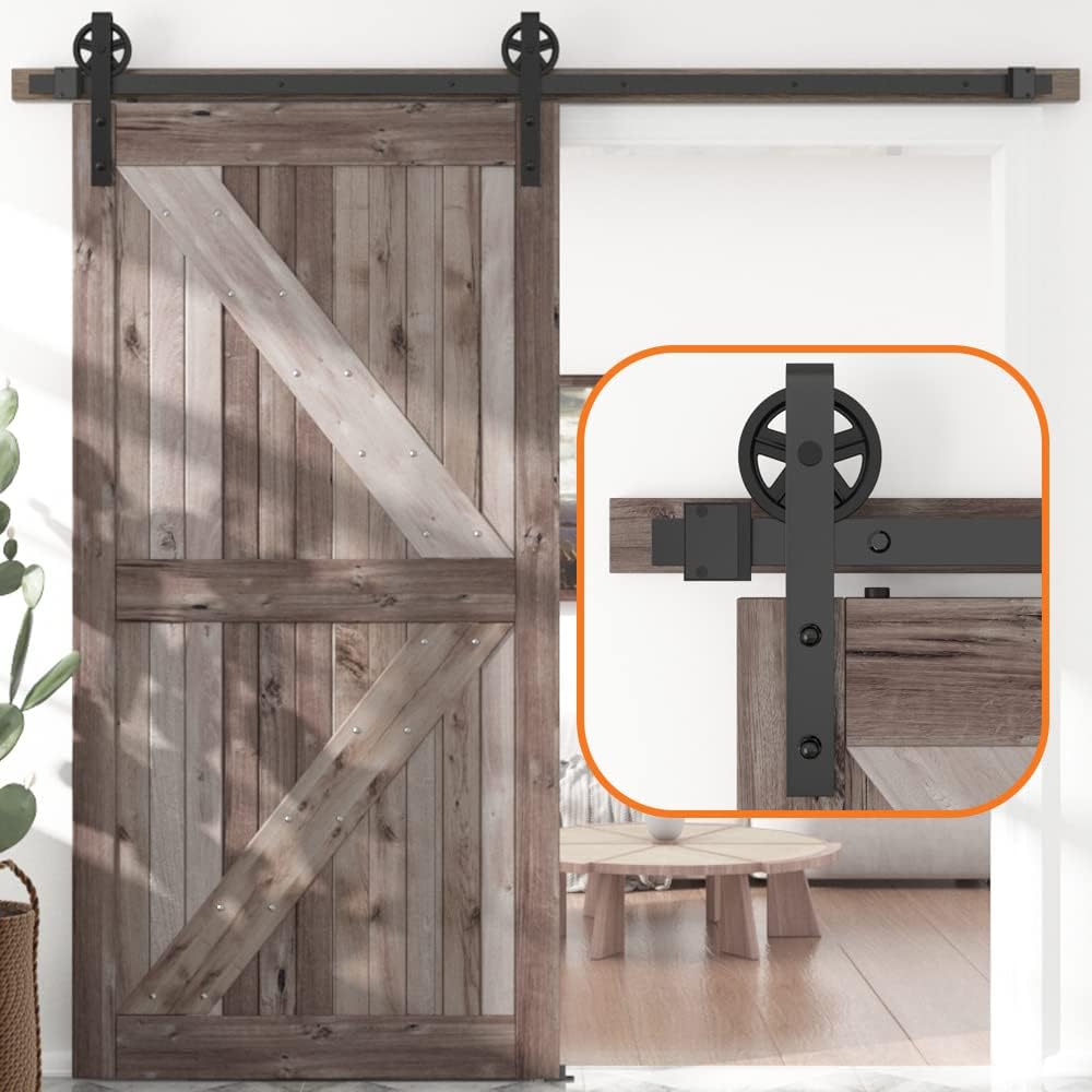 6FT Single Sliding Barn Door Hardware Kit - Smooth, Quiet, Easy Installation - Black (Big Wheel) - 1/4" Thick Material - 4FT-13FT Available