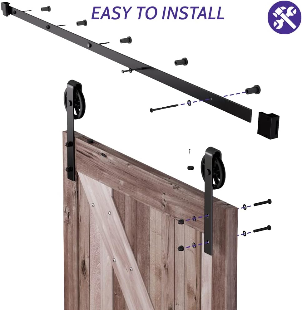 6FT Single Sliding Barn Door Hardware Kit - Smooth, Quiet, Easy Installation - Black (Big Wheel) - 1/4" Thick Material - 4FT-13FT Available