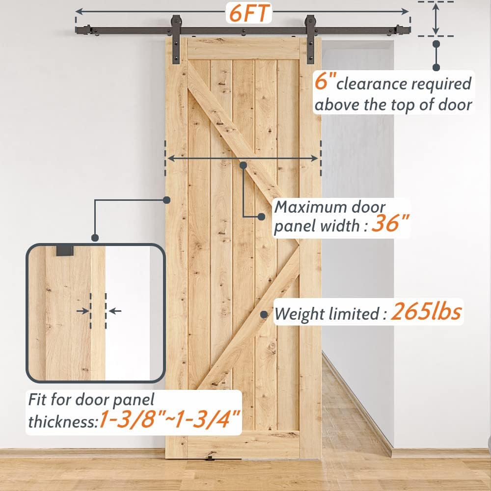 6FT Sliding Barn Door Hardware Kit with Combination Barn Door Track - Easy to Install - Manual Included - Black Finish - 1/4" Thick Material - WildKart