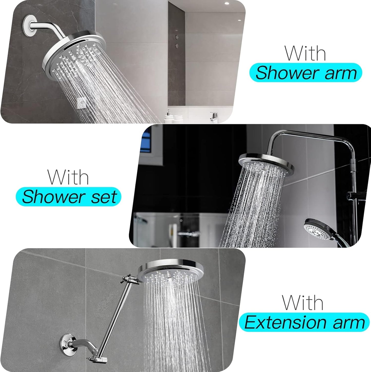 7 Inch High Flow Shower Head with High Pressure Rainfall Spray - Tool-free Installation - Adjustable Luxury Chrome Shower Head