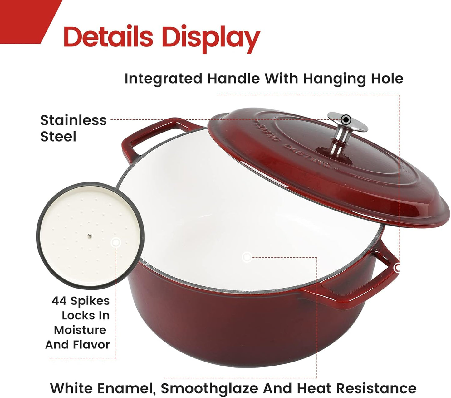 7.5 Quart Enameled Cast Iron Dutch Oven - Ideal for Bread, Soup, Meat, Baking - Wine Red Color