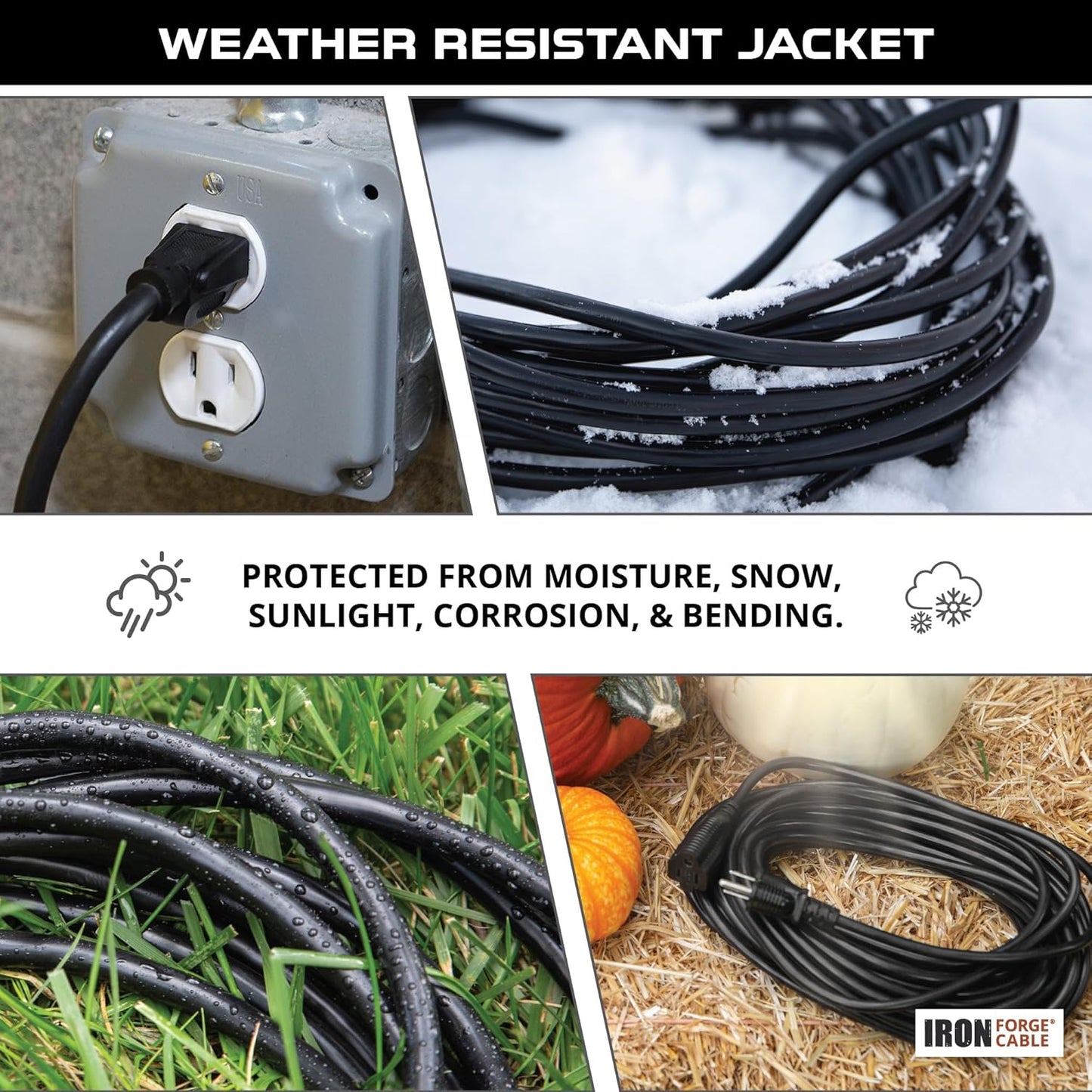 8 ft Iron Forge Cable Weatherproof Outdoor Extension Cord - Heavy Duty 16/3 SJTW Black Power Cable for Outdoor Lights, Lawn & Landscaping - 3 Prong, 13 Amp - US Veteran Owned