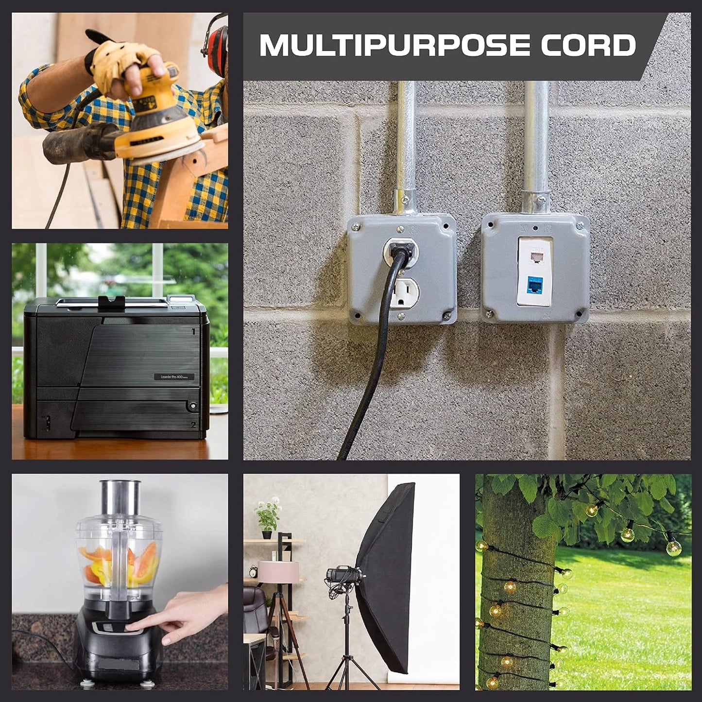 8 ft Iron Forge Cable Weatherproof Outdoor Extension Cord - Heavy Duty 16/3 SJTW Black Power Cable for Outdoor Lights, Lawn & Landscaping - 3 Prong, 13 Amp - US Veteran Owned
