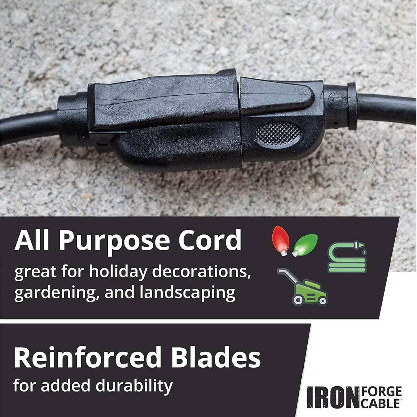 8 ft Iron Forge Cable Weatherproof Outdoor Extension Cord - Heavy Duty 16/3 SJTW Black Power Cable for Outdoor Lights, Lawn & Landscaping - 3 Prong, 13 Amp - US Veteran Owned