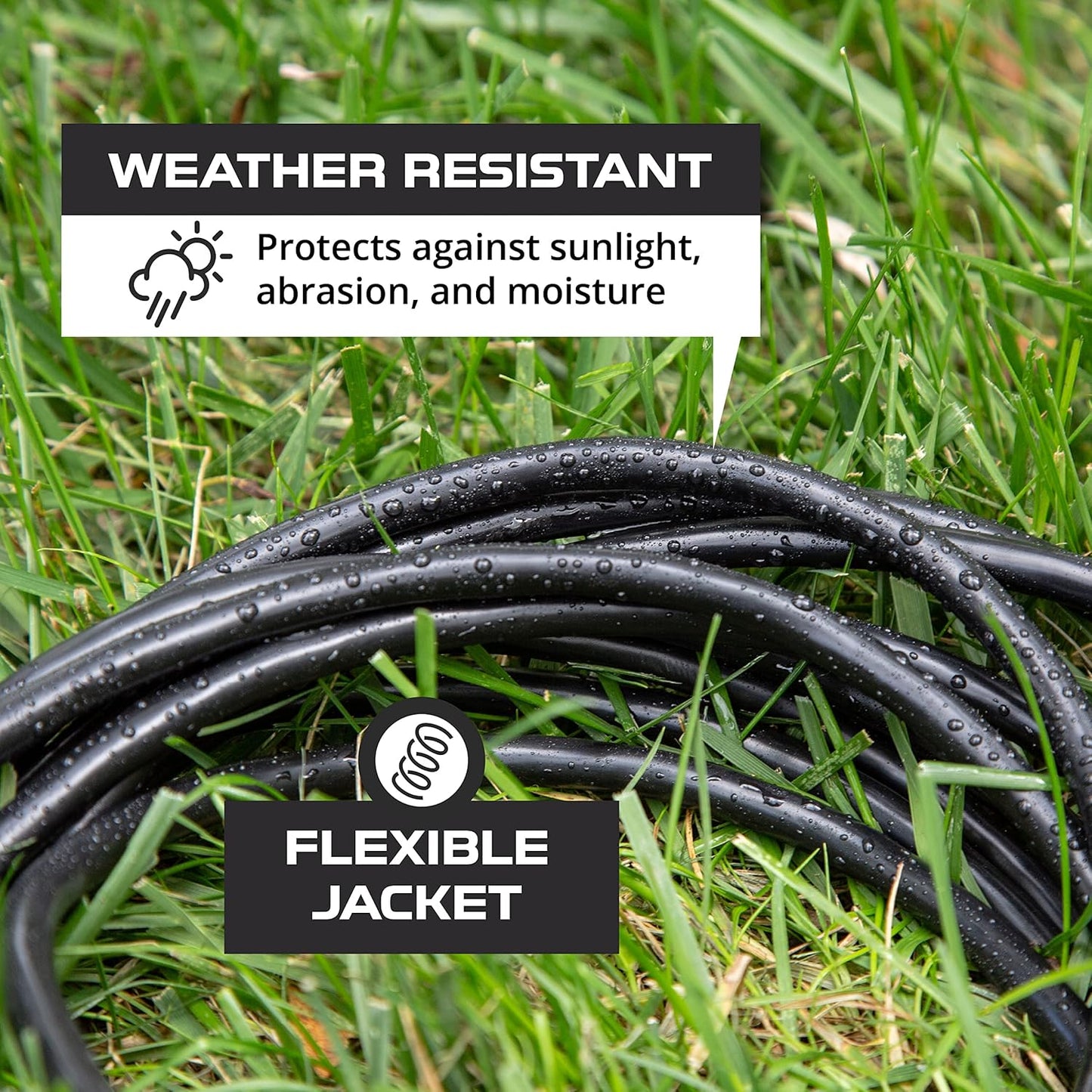 8 ft Iron Forge Cable Weatherproof Outdoor Extension Cord - Heavy Duty 16/3 SJTW Black Power Cable for Outdoor Lights, Lawn & Landscaping - 3 Prong, 13 Amp - US Veteran Owned