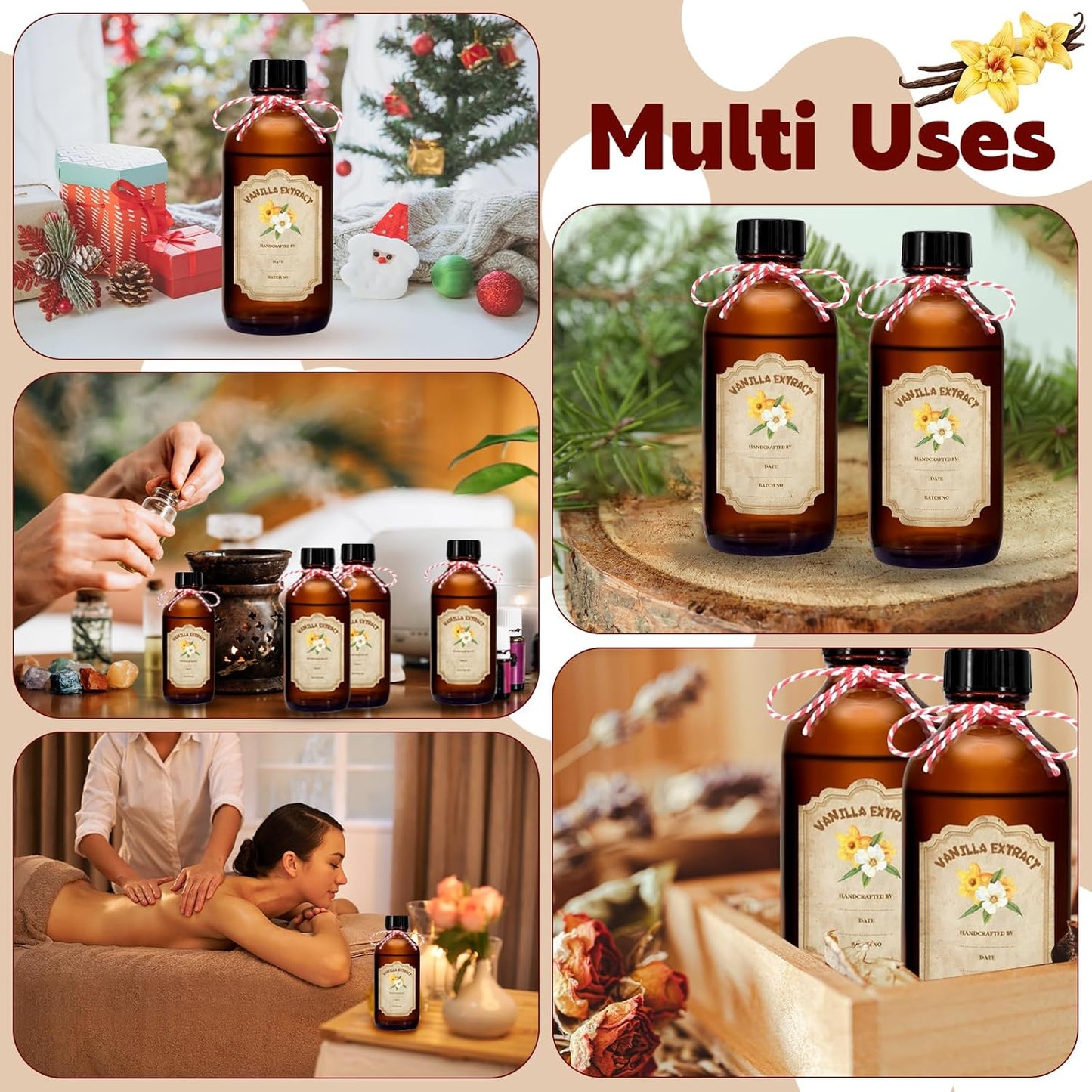 8 Pack 4oz Amber Glass Bottles with Lids for Homemade Vanilla Extract - Set of 8 Stickers Included for Syrup and Sauce Storage