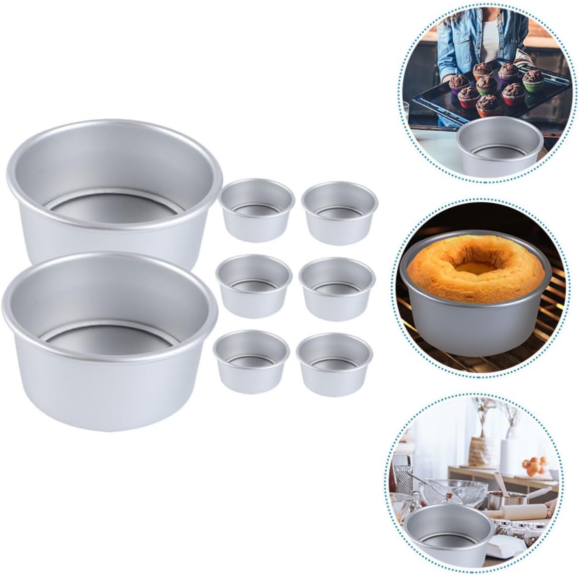 8 Piece Aluminum Alloy Baking Pan Set for Muffins, Cakes, Pies, and Pizza - Round Cake Tins, Bread Tins, and Pastry Moulds for Oven Use