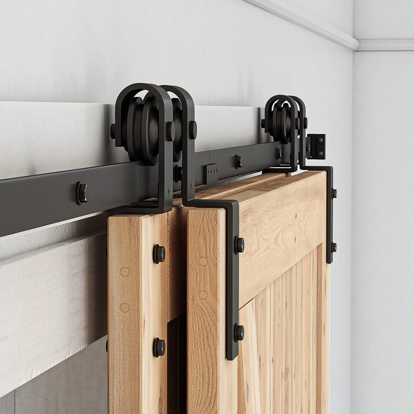 8ft Bypass Sliding Barn Door Hardware Kit for Double Wooden Doors - Single Track, Smooth & Quiet, Easy Install, Fits 84" Opening - WildKart