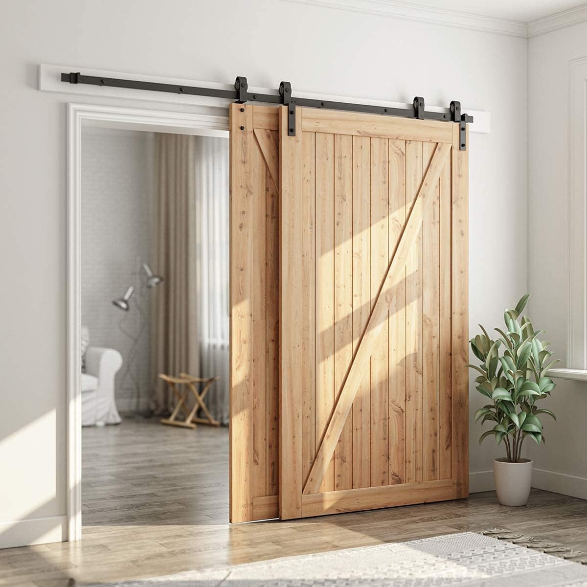 8ft Bypass Sliding Barn Door Hardware Kit for Double Wooden Doors - Single Track, Smooth & Quiet, Easy Install, Fits 84" Opening - WildKart
