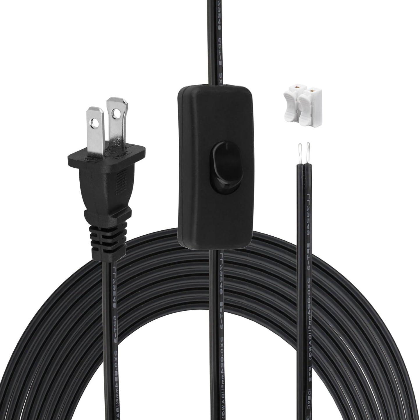 8FT Lamp Cord with Switch Replacement Set - Black 18AWG SPT-2 Wire, ON/Off Button Switches, 2 Polarized Plugs, 8 Feet - DIY Rewiring for Electrical Light Cords