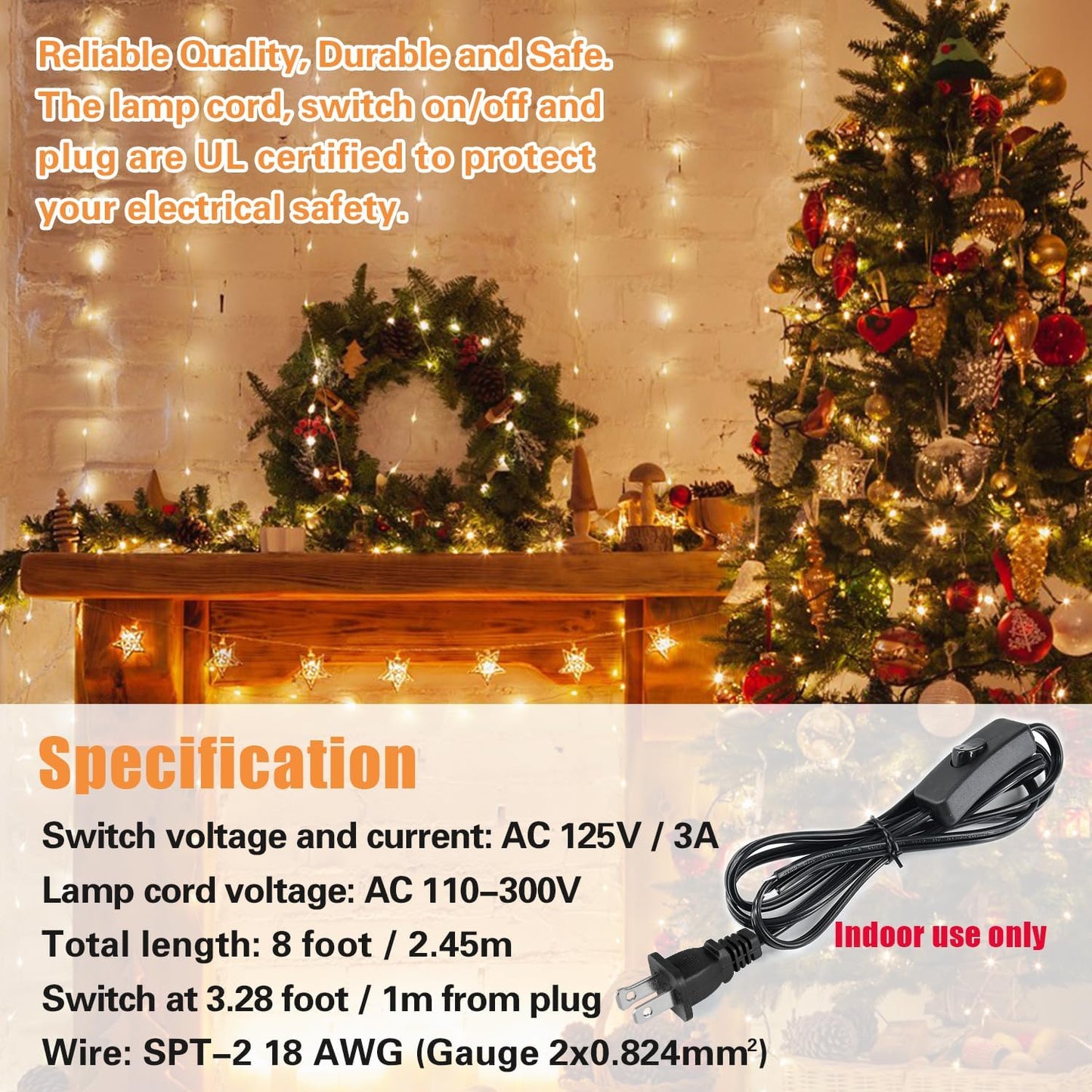 8FT Lamp Cord with Switch Replacement Set - Black 18AWG SPT-2 Wire, ON/Off Button Switches, 2 Polarized Plugs, 8 Feet - DIY Rewiring for Electrical Light Cords