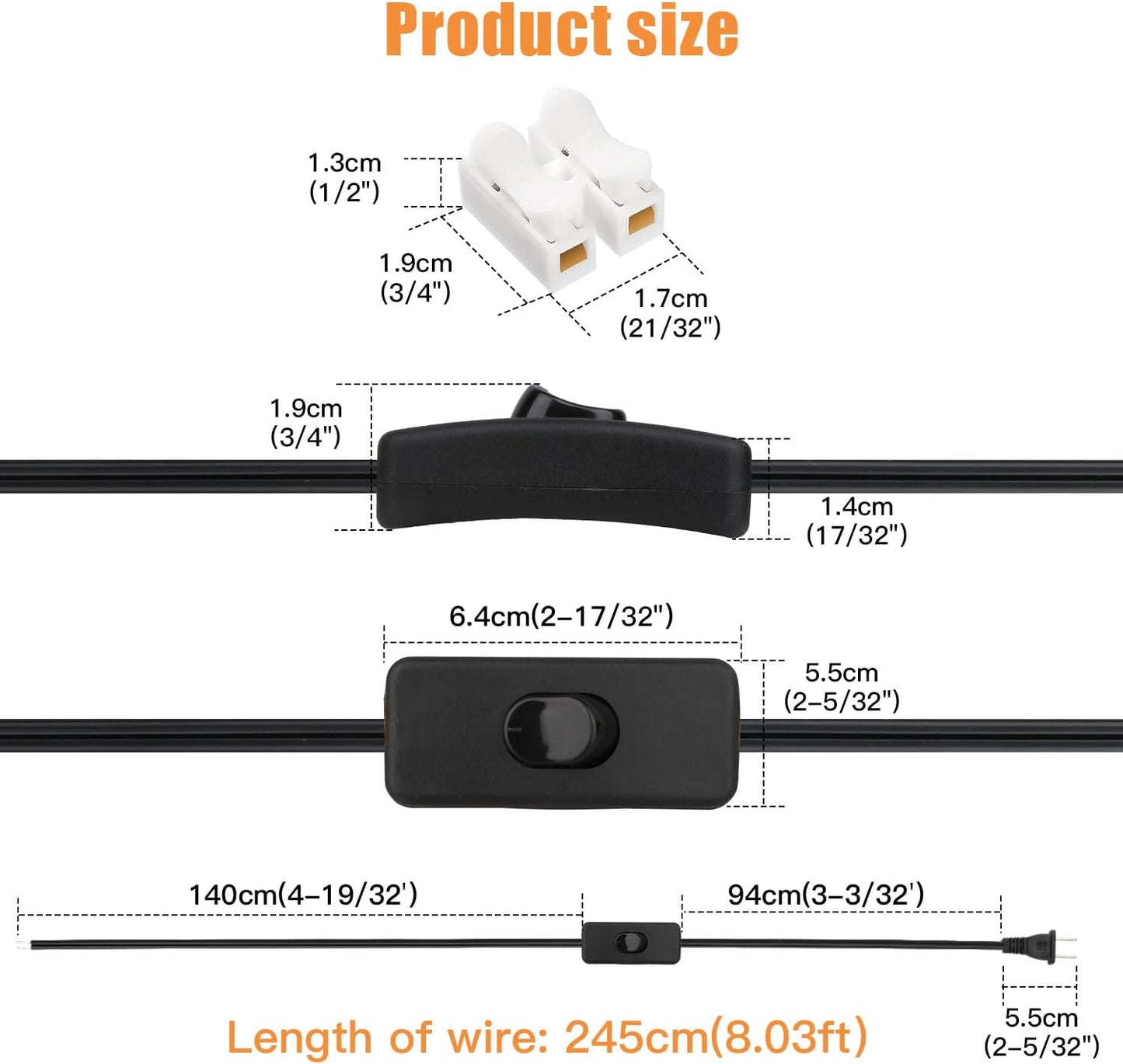 8FT Lamp Cord with Switch Replacement Set - Black 18AWG SPT-2 Wire, ON/Off Button Switches, 2 Polarized Plugs, 8 Feet - DIY Rewiring for Electrical Light Cords
