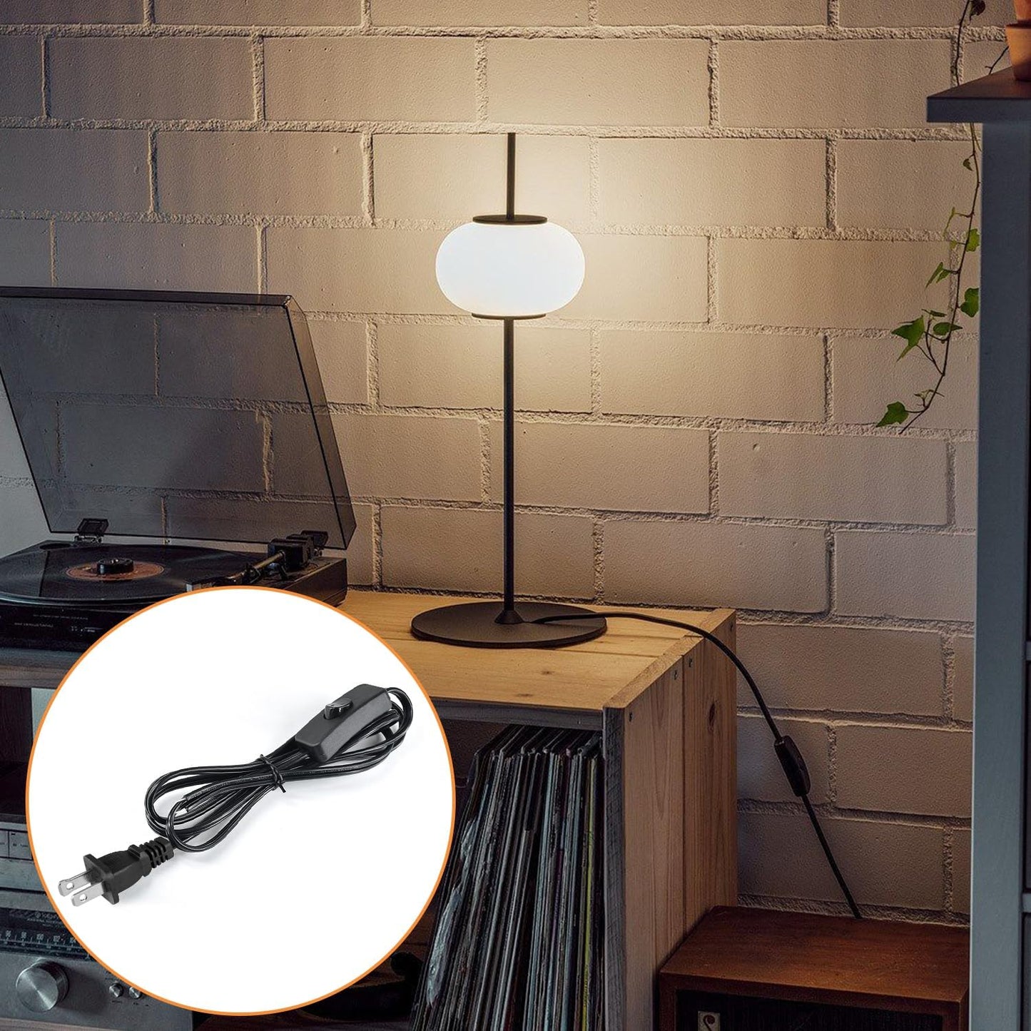 8FT Lamp Cord with Switch Replacement Set - Black 18AWG SPT-2 Wire, ON/Off Button Switches, 2 Polarized Plugs, 8 Feet - DIY Rewiring for Electrical Light Cords