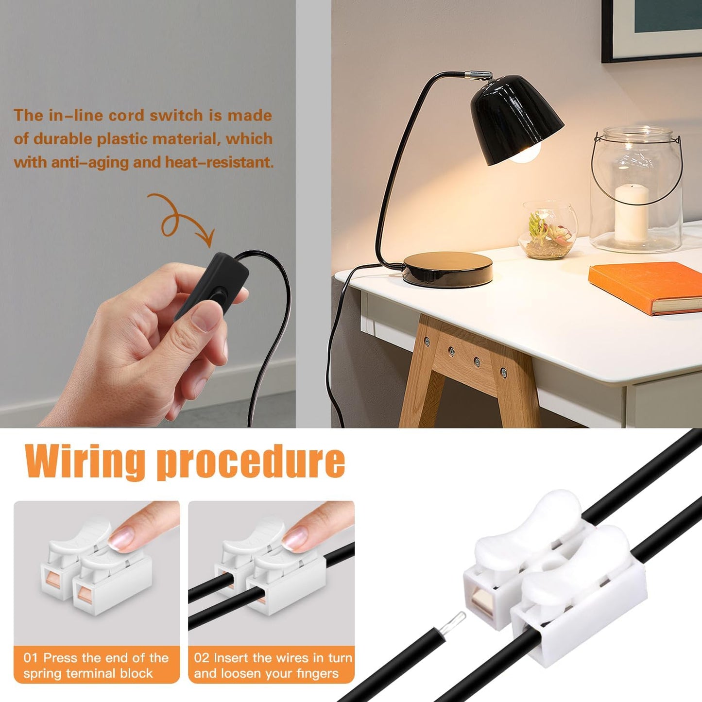 8FT Lamp Cord with Switch Replacement Set - Black 18AWG SPT-2 Wire, ON/Off Button Switches, 2 Polarized Plugs, 8 Feet - DIY Rewiring for Electrical Light Cords