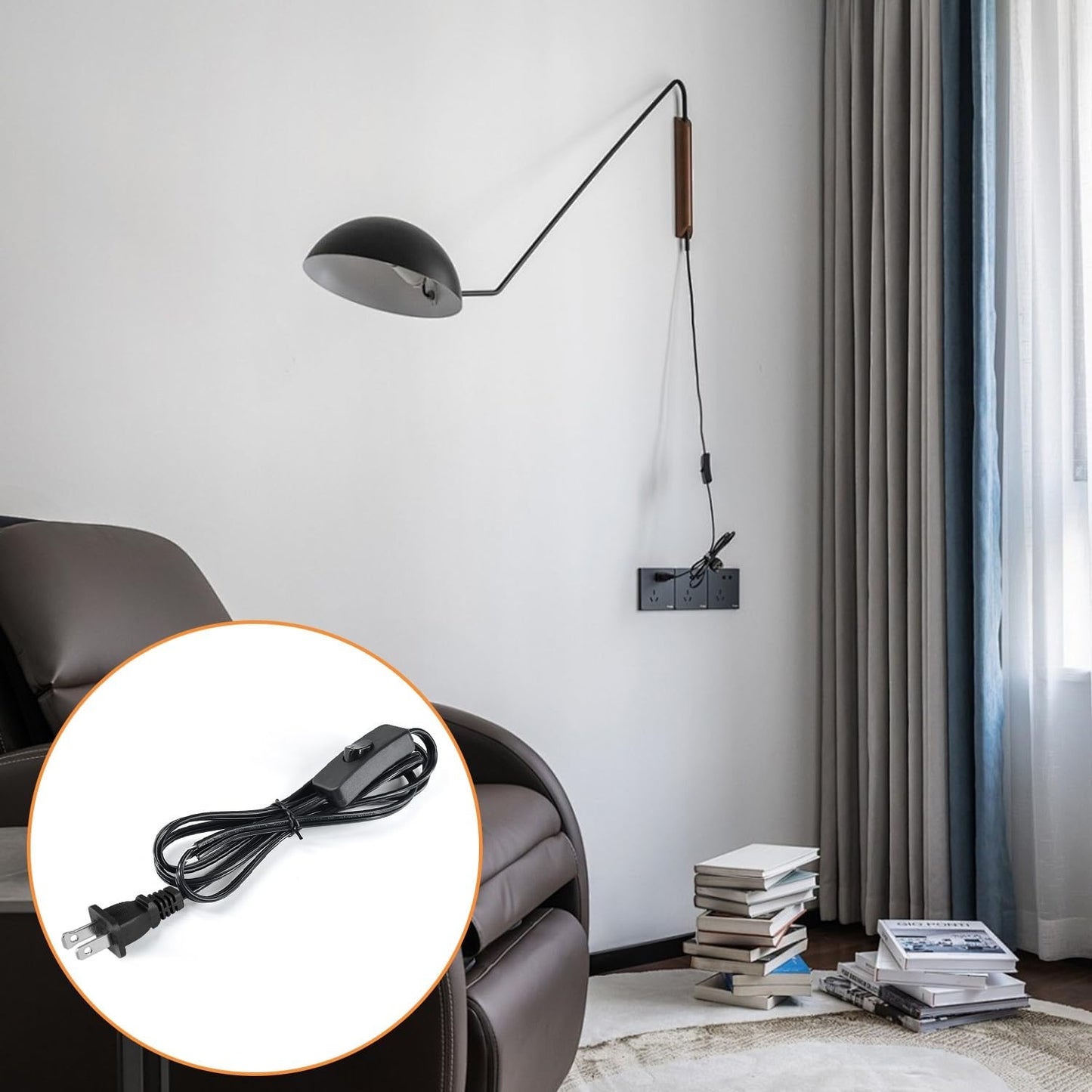 8FT Lamp Cord with Switch Replacement Set - Black 18AWG SPT-2 Wire, ON/Off Button Switches, 2 Polarized Plugs, 8 Feet - DIY Rewiring for Electrical Light Cords