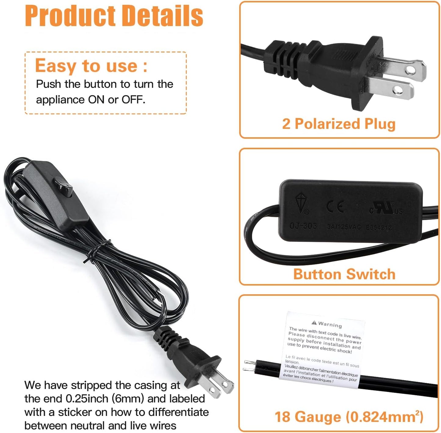 8FT Lamp Cord with Switch Replacement Set - Black 18AWG SPT-2 Wire, ON/Off Button Switches, 2 Polarized Plugs, 8 Feet - DIY Rewiring for Electrical Light Cords
