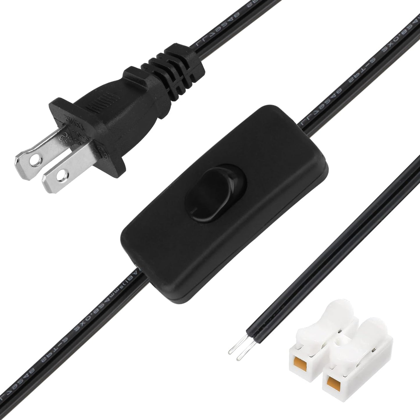 8FT Lamp Cord with Switch Replacement Set - Black 18AWG SPT-2 Wire, ON/Off Button Switches, 2 Polarized Plugs, 8 Feet - DIY Rewiring for Electrical Light Cords