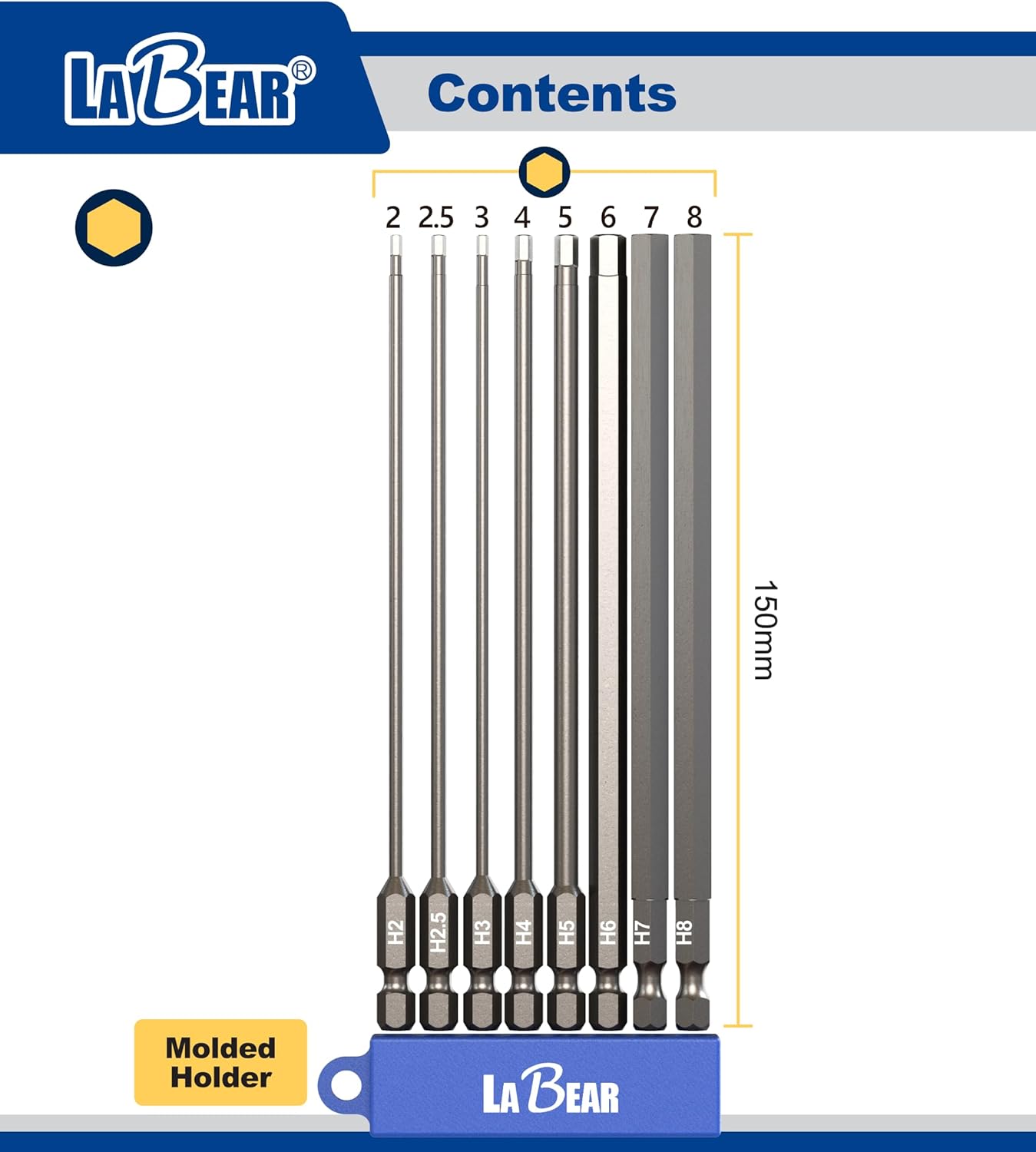 8pc Metric Hex Bit Set with 6" Long Shank, 1/4" Hex Head Allen Wrench Screwdriver Bits, Magnetic Power Bits, S2 Steel - H2, H2.5, H3, H4, H5, H6, H7, H8