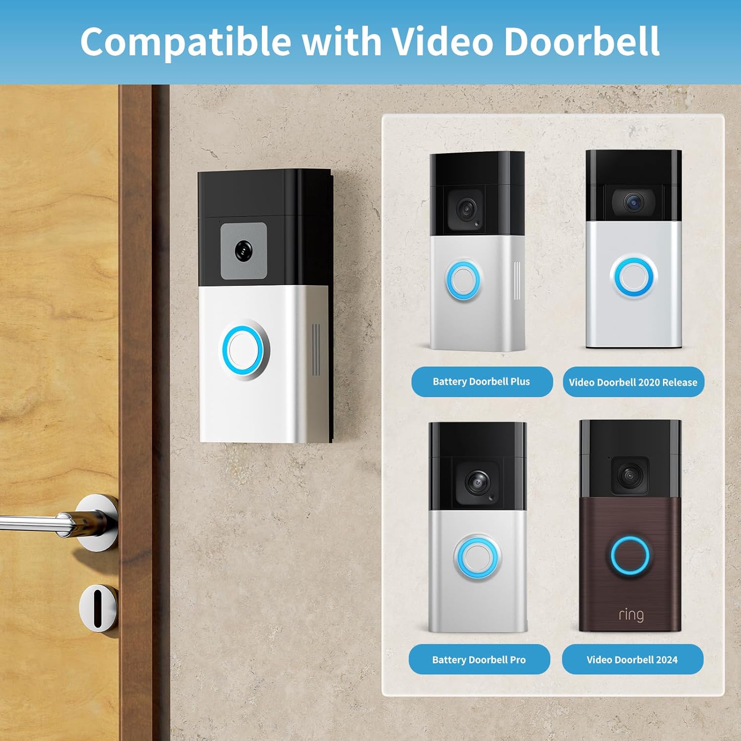 Adhesive Ring Doorbell Mount for Video Doorbell 1/2/3/3 Plus/4 (2020 Release) - Easy Installation, No-Drill Bracket for Homes & Apartments