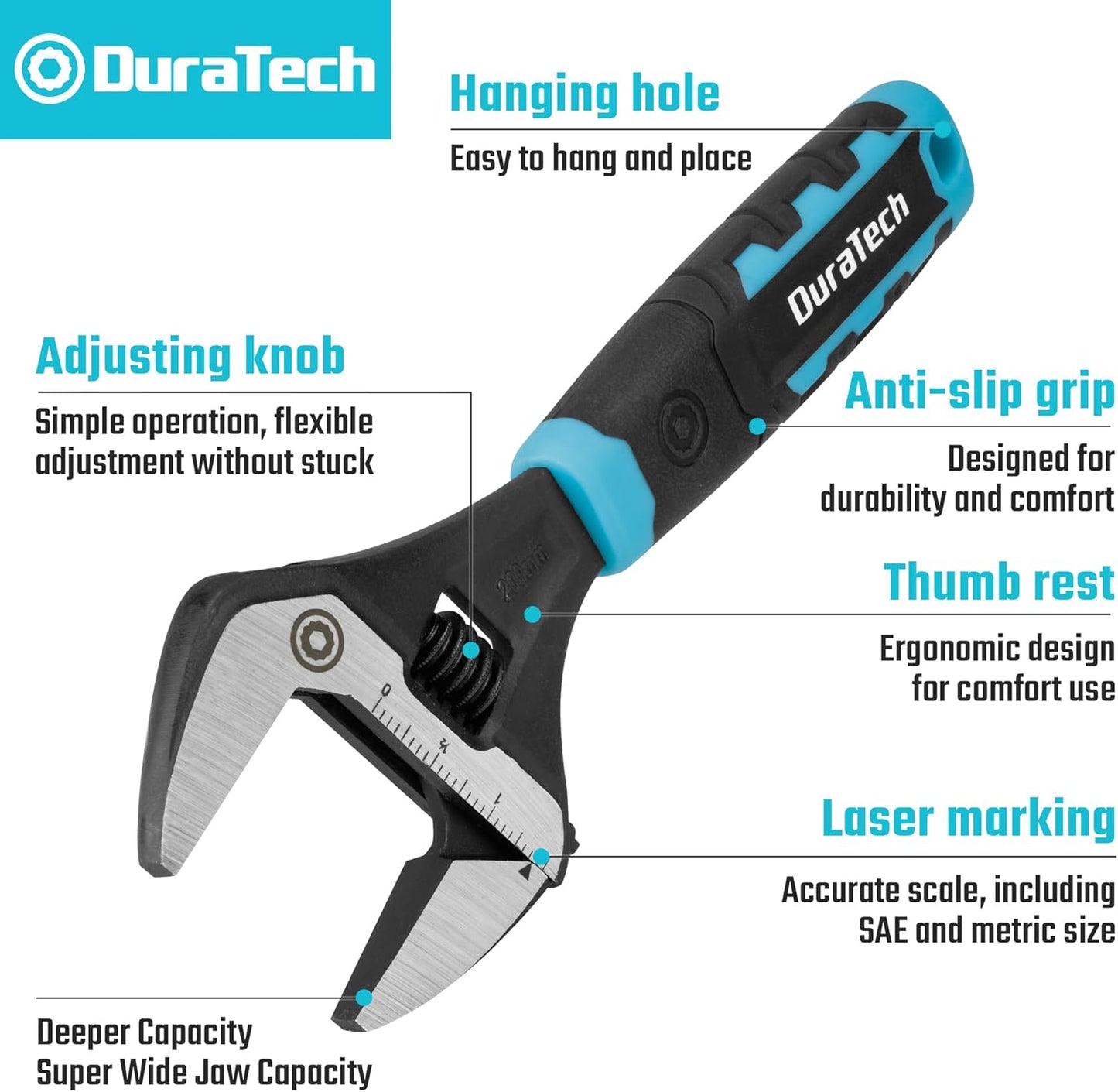 Adjustable 8-Inch Plumbing Wrench with Wide Jaw Opening, DURATECH Heavy-Duty CR-V Steel, SAE and Metric Scale, Ergonomic Grip