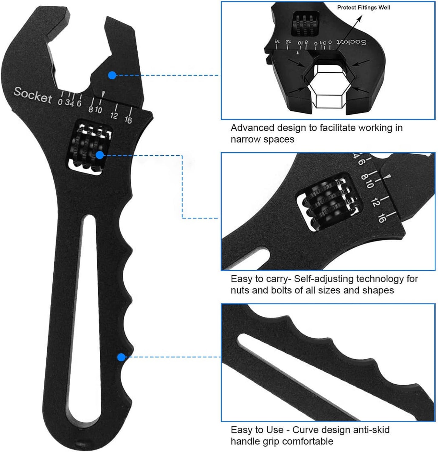Adjustable Aluminum AN Fitting Wrench 3AN-16AN Spanner Tool for Hose Fitting Adapter, Lightweight Black