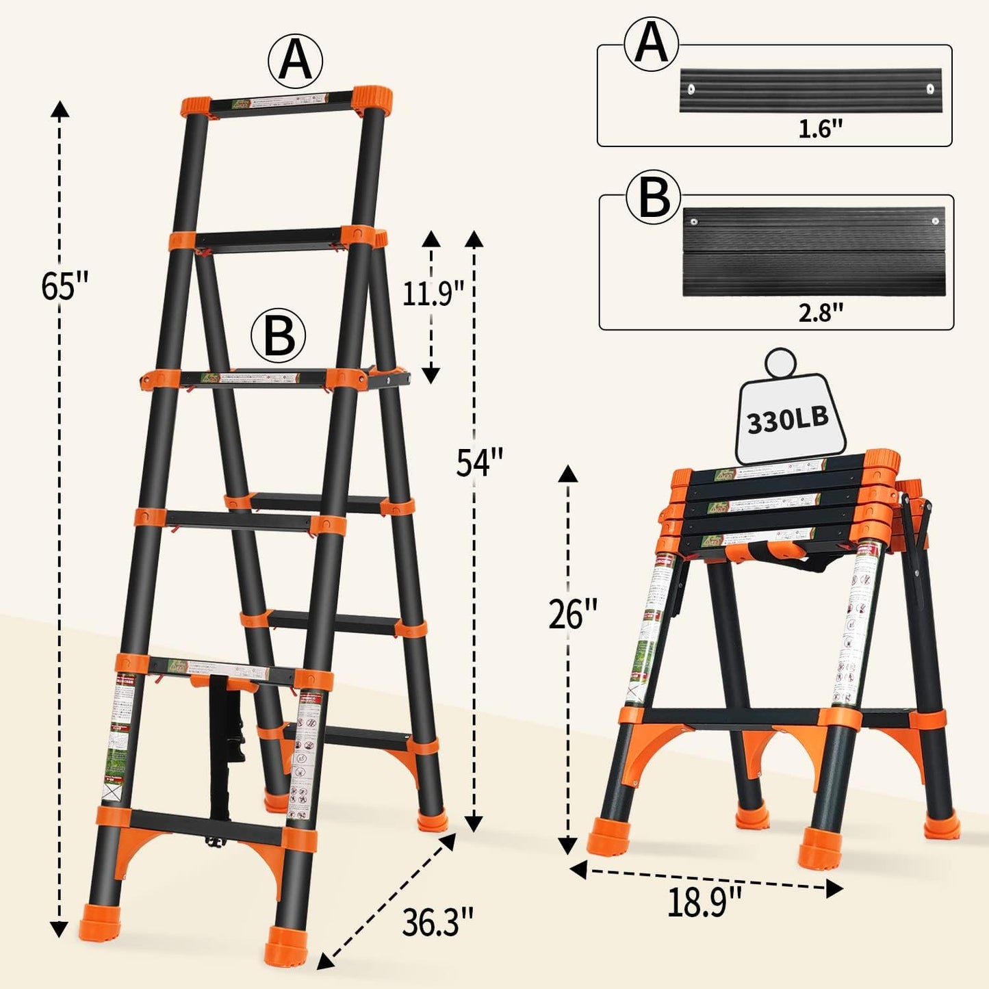 Adjustable Aluminum Telescoping Ladder with 1-Button Retraction - Lightweight Portable Extension Ladder for Home or RV Work - 330lb Capacity - 1.4+1.7M