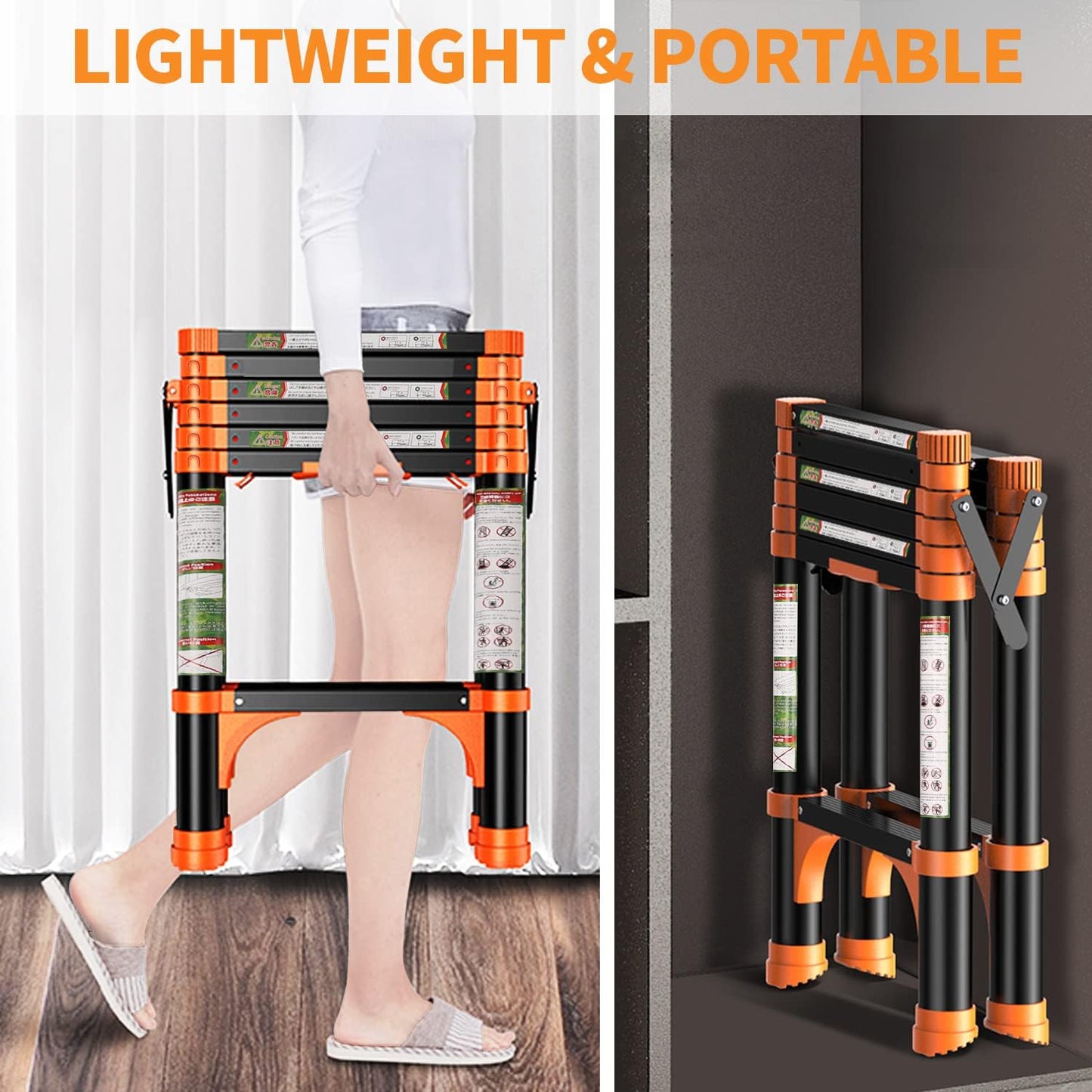 Adjustable Aluminum Telescoping Ladder with 1-Button Retraction - Lightweight Portable Extension Ladder for Home or RV Work - 330lb Capacity - 1.4+1.7M