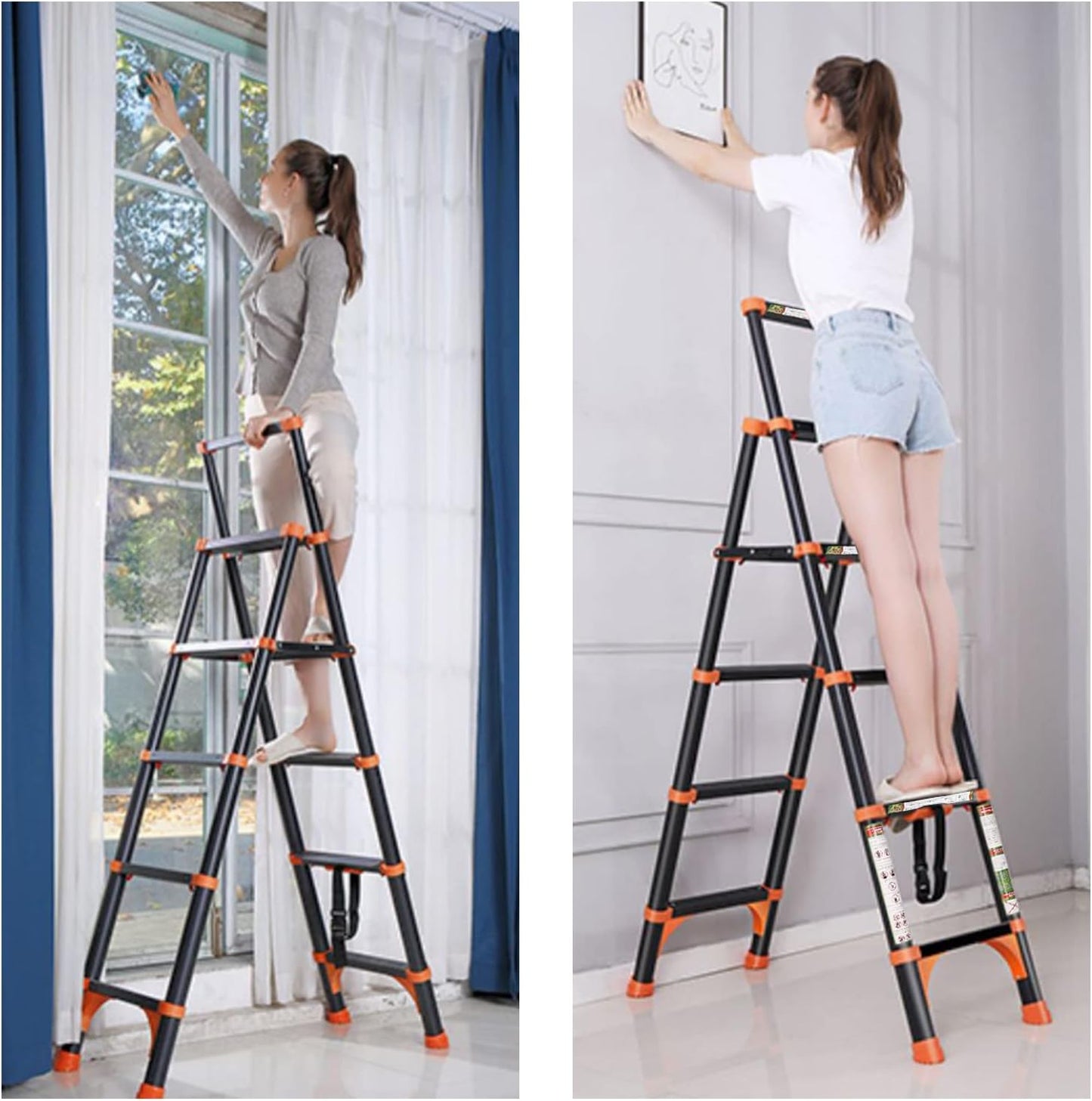 Adjustable Aluminum Telescoping Ladder with 1-Button Retraction - Lightweight Portable Extension Ladder for Home or RV Work - 330lb Capacity - 1.4+1.7M