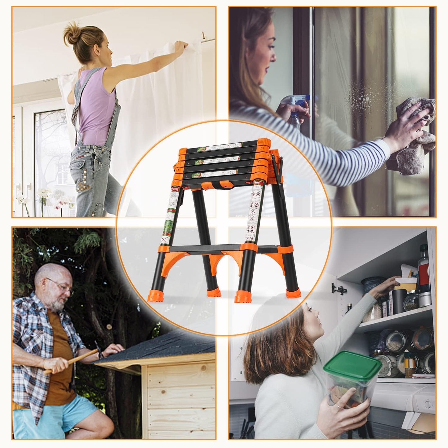 Adjustable Aluminum Telescoping Ladder with 1-Button Retraction - Lightweight Portable Extension Ladder for Home or RV Work - 330lb Capacity - 1.4+1.7M
