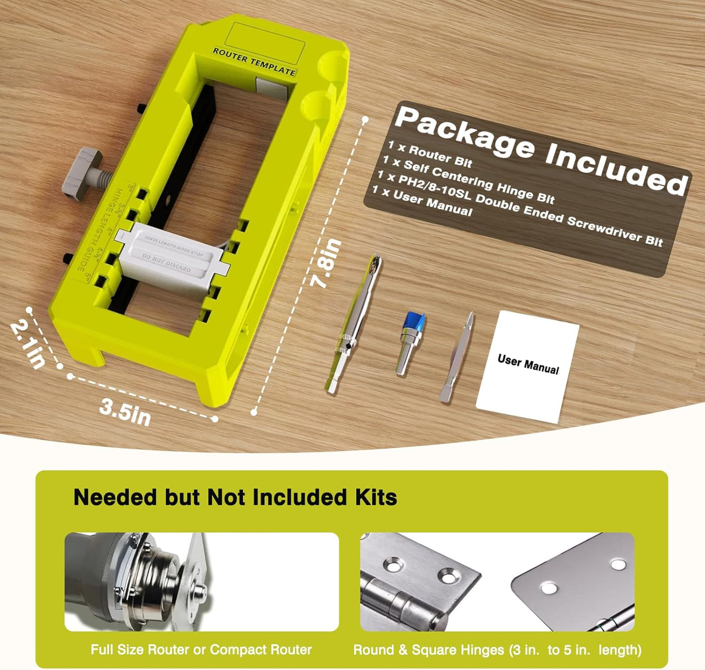 Adjustable Door Hinge Router Template Jig for 3" to 5" Length, 1/4" or 5/8" Hinges - Mortiser Cutting Tool