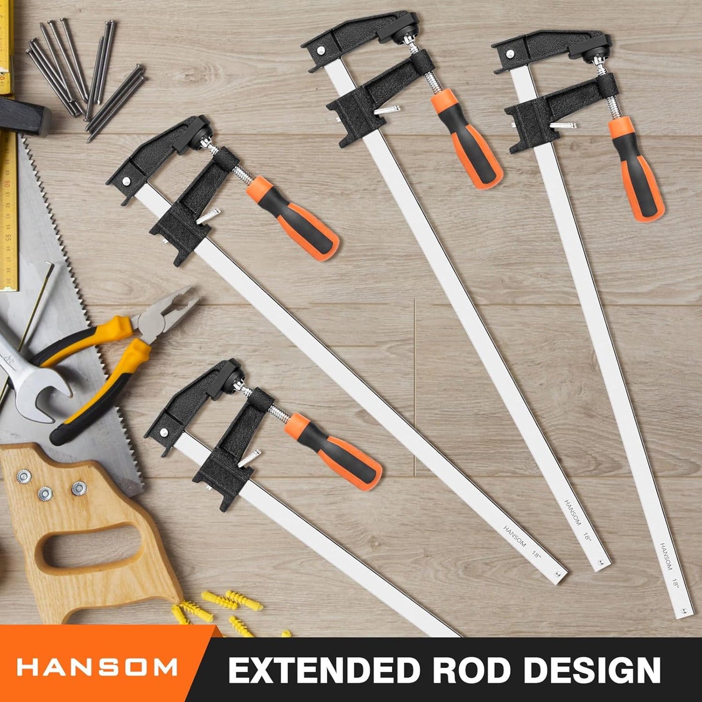 Adjustable Heavy Duty Woodworking Bar Clamps - 4-Pack 18 Inch Long, 600 Lbs Force, Quick Release, 2.5" Throat Depth