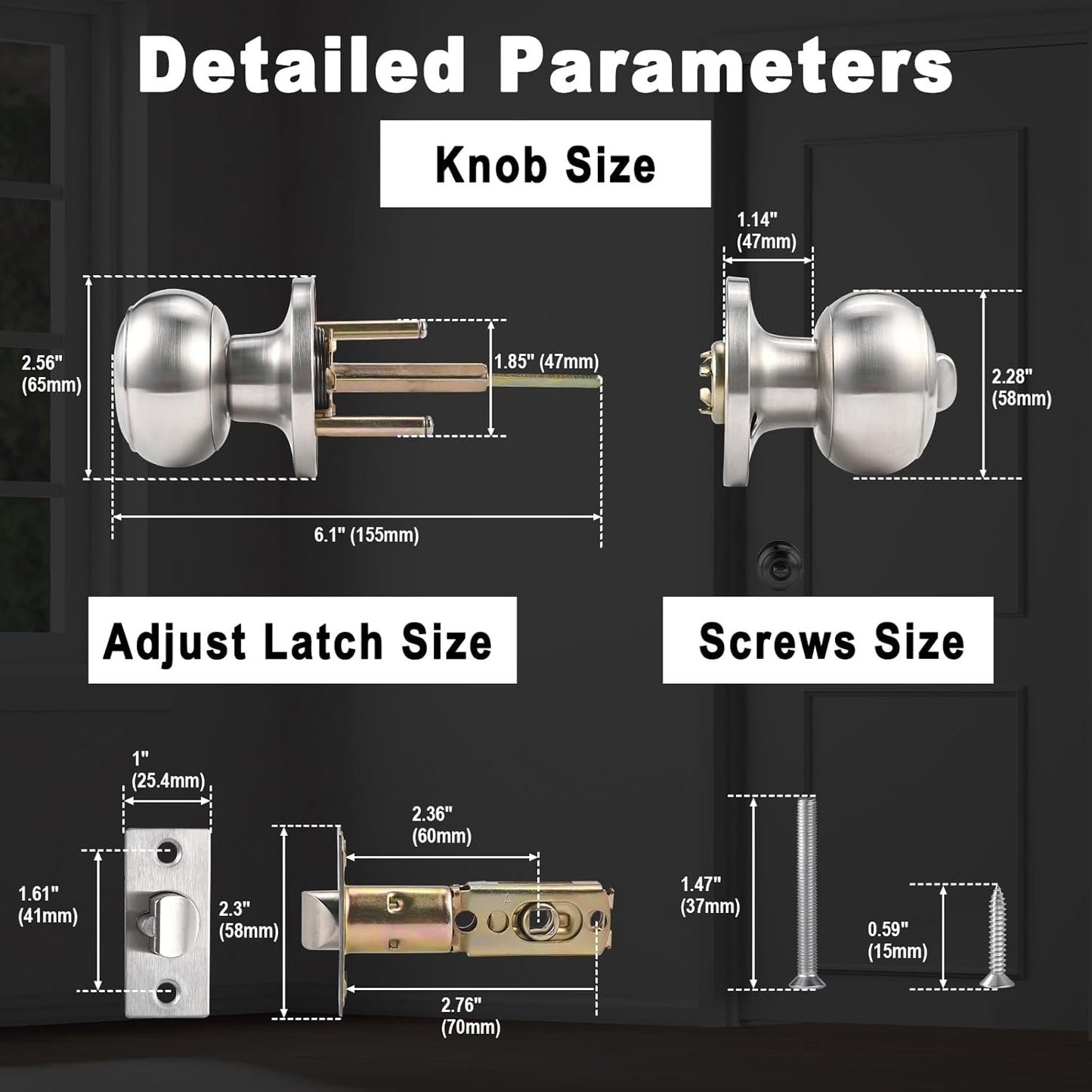 Adjustable Latch Exterior Door Lock Set with 6 Door Knobs & Keys - Silver Interior Locks for Bedrooms and Bathrooms