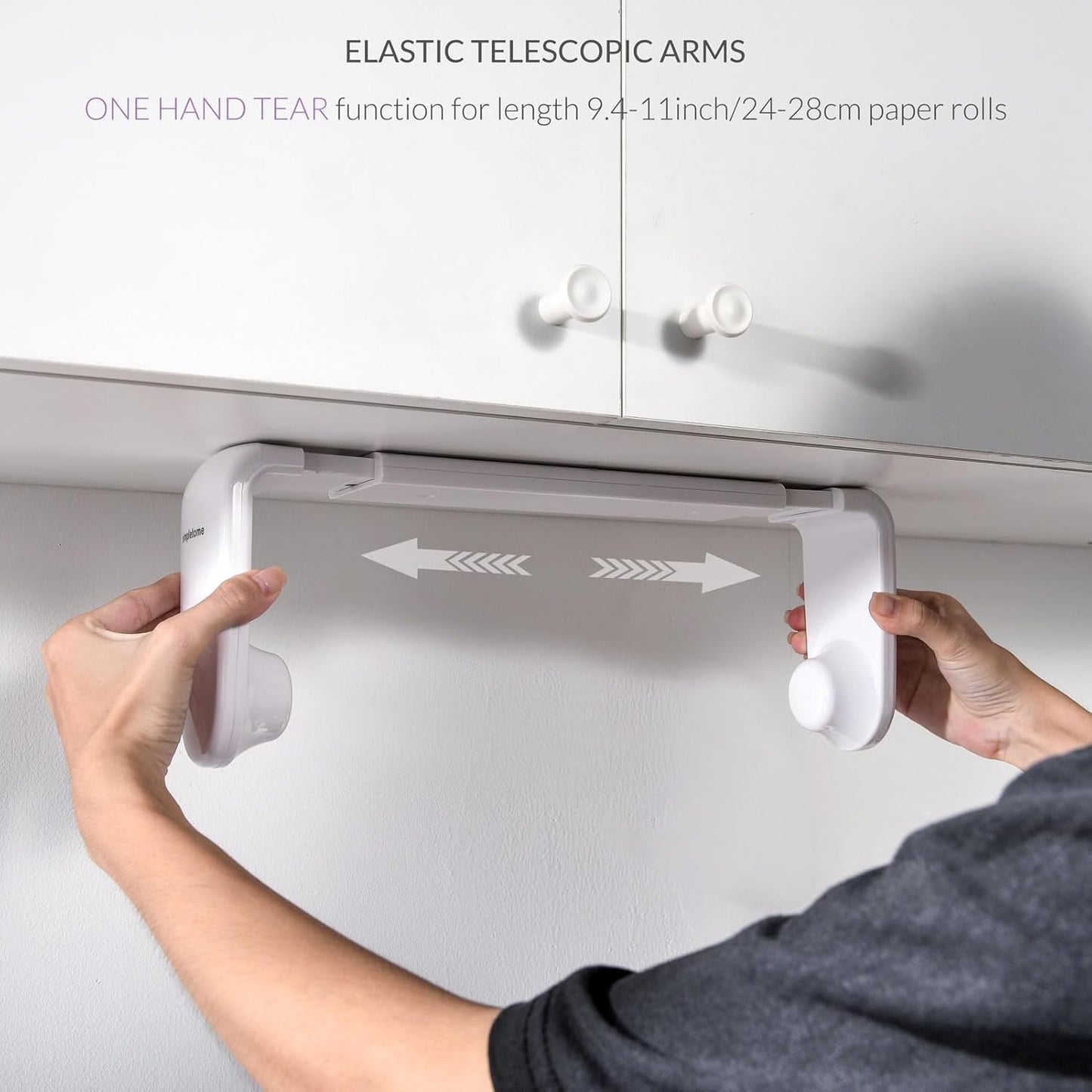 Adjustable Length Paper Towel Holder with Adaptive Tension Arm for One-Hand Tear, 9.4-11inch, White