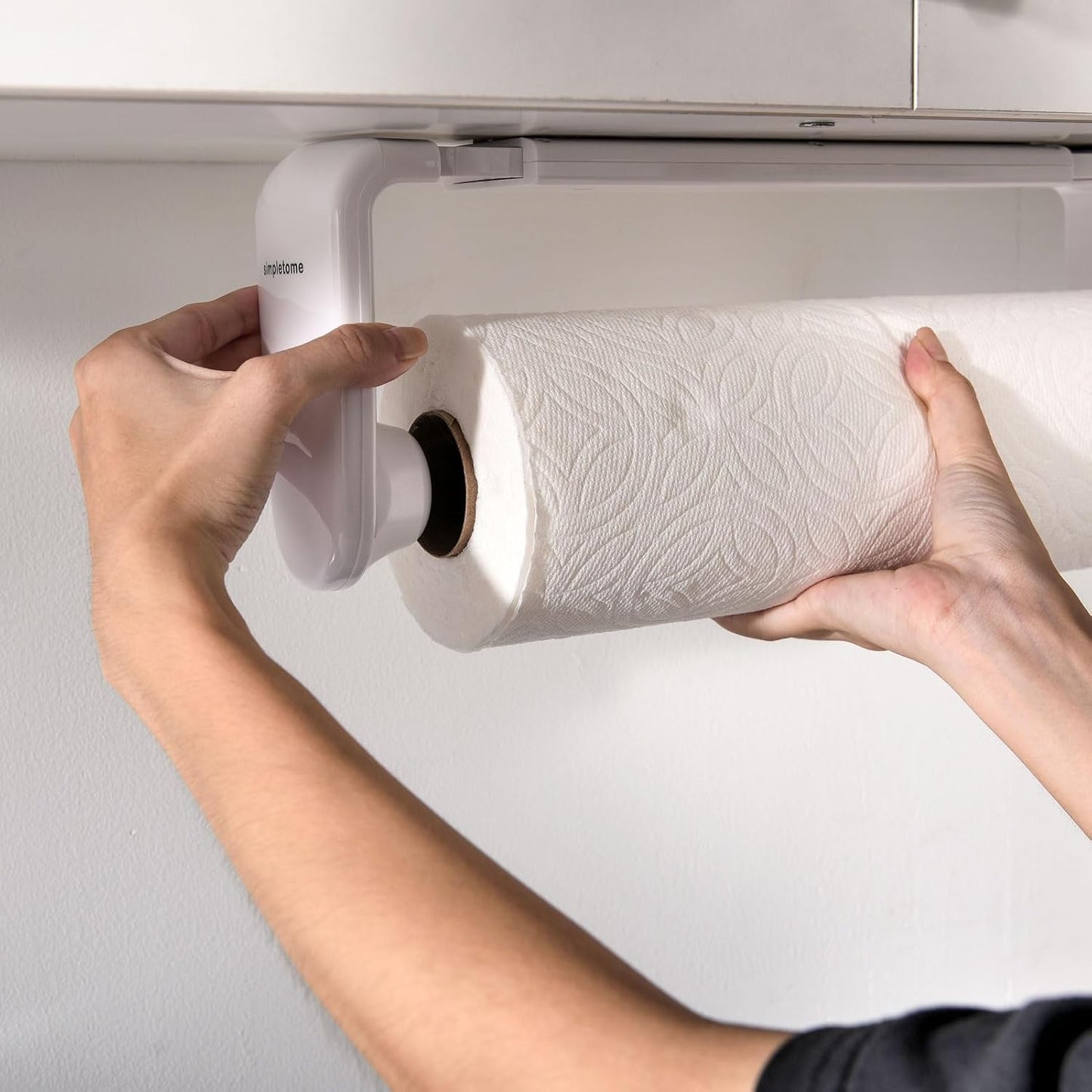 Adjustable Length Paper Towel Holder with Adaptive Tension Arm for One-Hand Tear, 9.4-11inch, White