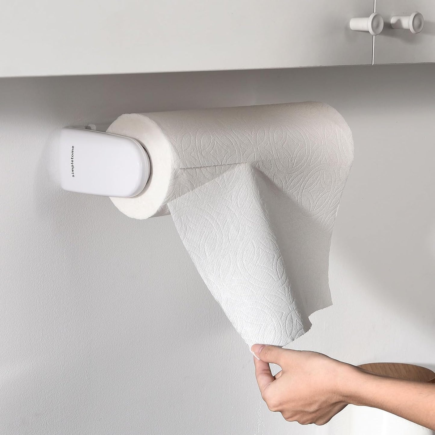 Adjustable Length Paper Towel Holder with Adaptive Tension Arm for One-Hand Tear, 9.4-11inch, White