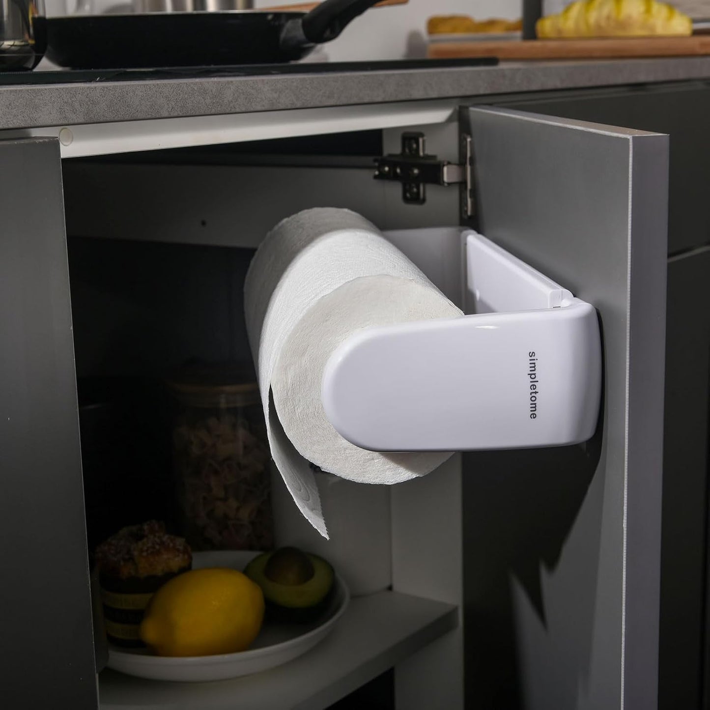 Adjustable Length Paper Towel Holder with Adaptive Tension Arm for One-Hand Tear, 9.4-11inch, White