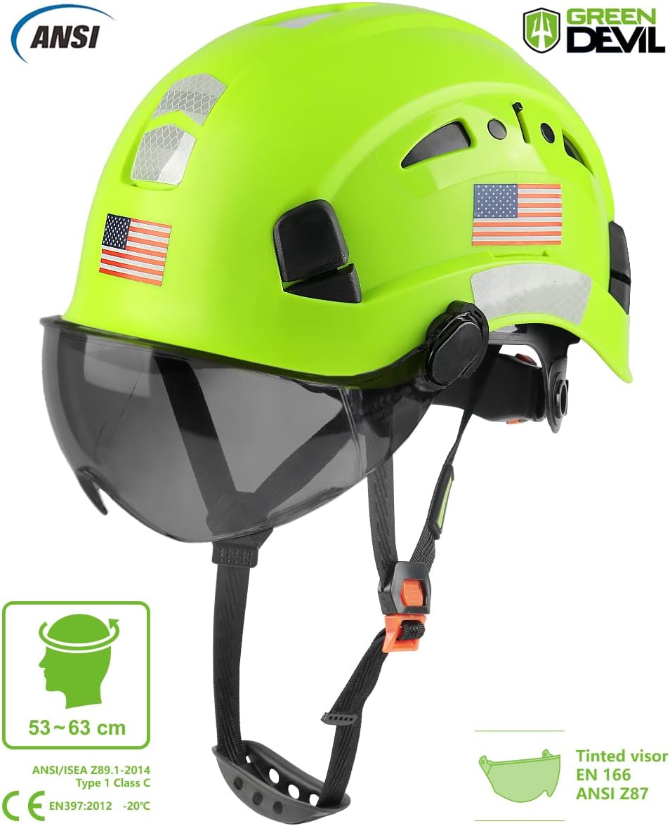 Adjustable Lightweight Vented ABS Safety Helmet Hard Hat with Visor & Chinstrap for Men/Women - ANSI Z89.1 Approved for Industrial/Construction - Green Devil