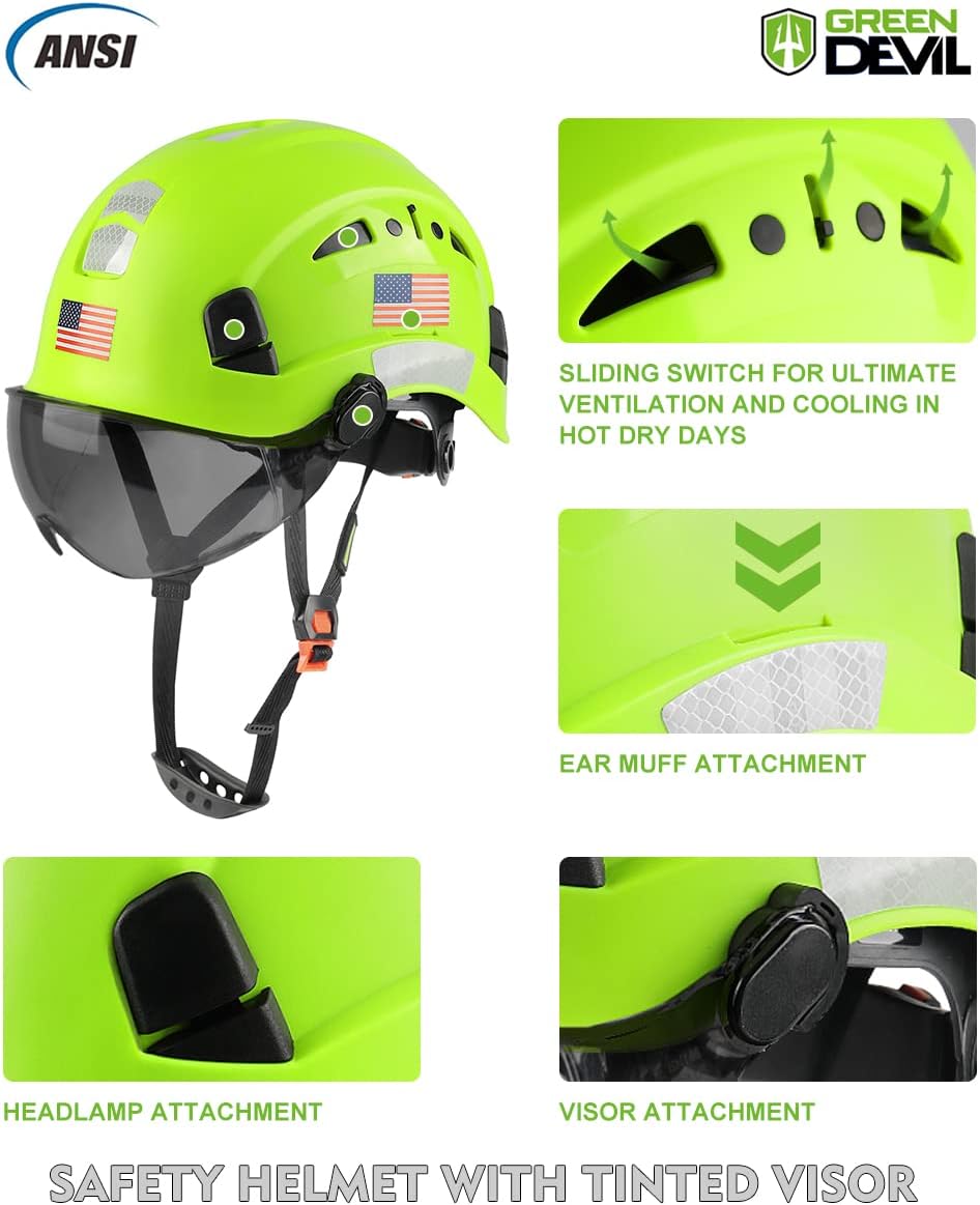 Adjustable Lightweight Vented ABS Safety Helmet Hard Hat with Visor & Chinstrap for Men/Women - ANSI Z89.1 Approved for Industrial/Construction - Green Devil