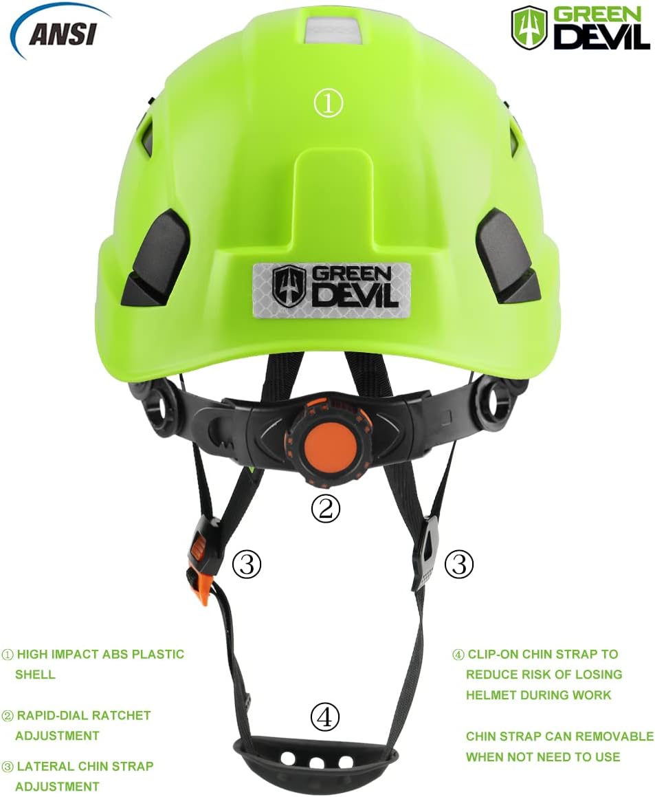 Adjustable Lightweight Vented ABS Safety Helmet Hard Hat with Visor & Chinstrap for Men/Women - ANSI Z89.1 Approved for Industrial/Construction - Green Devil