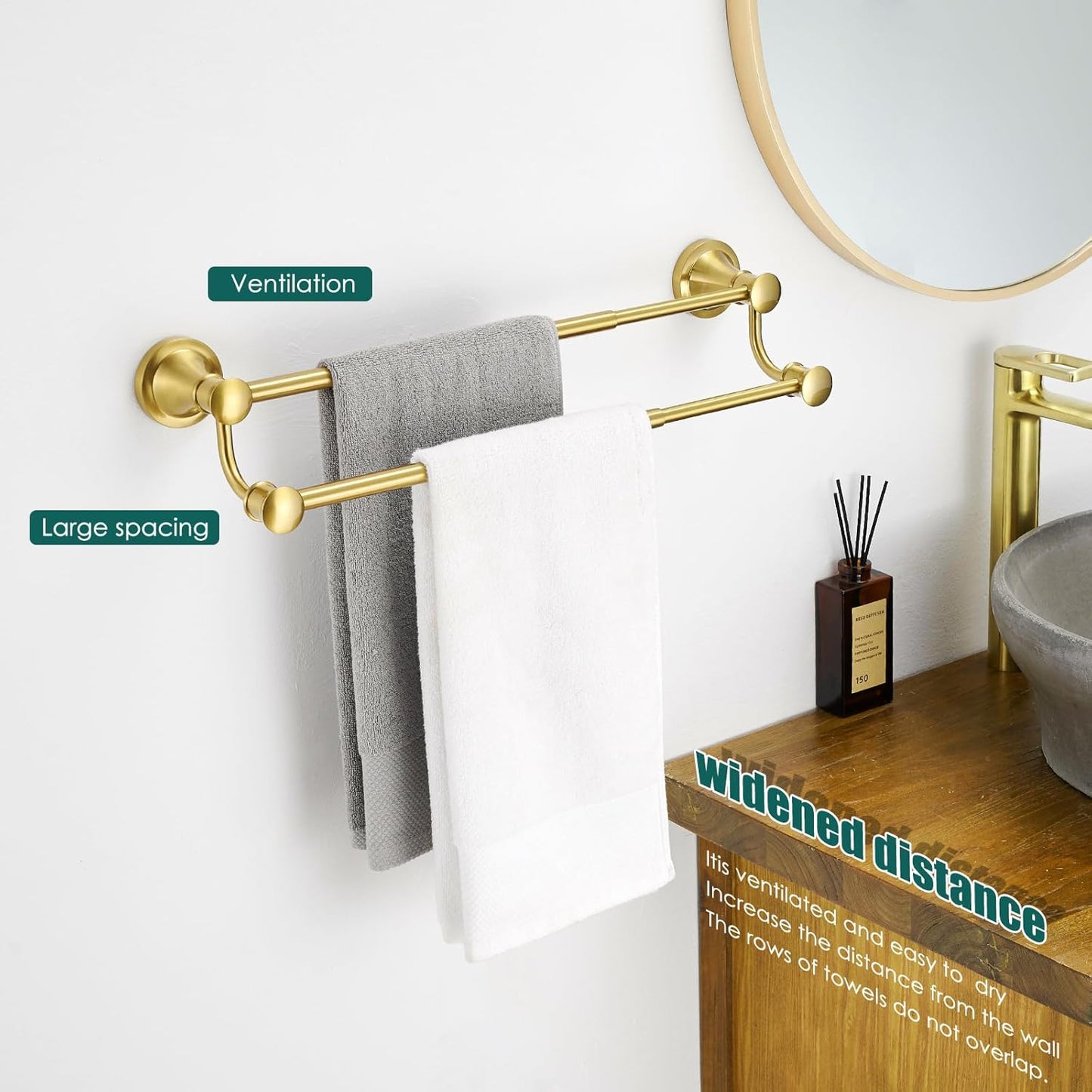 Adjustable Retractable Stainless Steel Bathroom Towel Bar - Wall Mounted Double Towel Rod Holder Rack, Brushed Gold Finish, 15-27 Inches