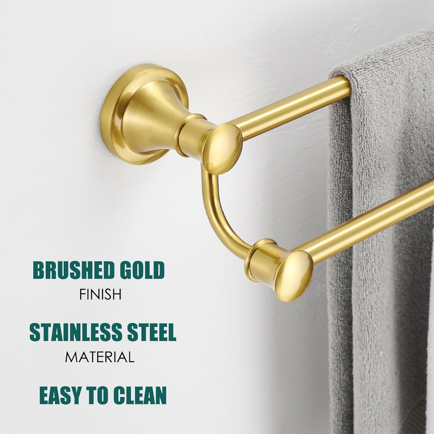Adjustable Retractable Stainless Steel Bathroom Towel Bar - Wall Mounted Double Towel Rod Holder Rack, Brushed Gold Finish, 15-27 Inches