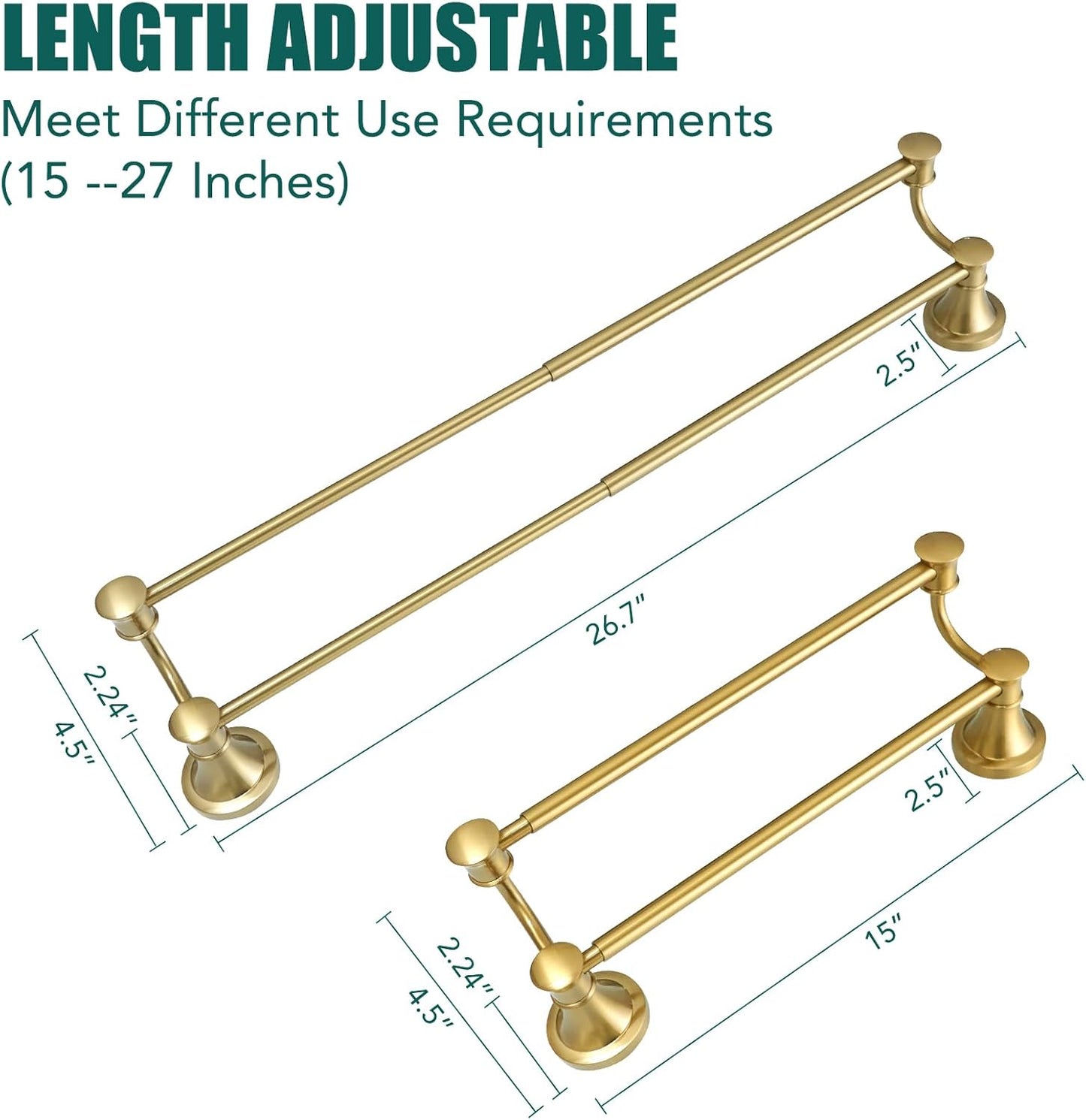 Adjustable Retractable Stainless Steel Bathroom Towel Bar - Wall Mounted Double Towel Rod Holder Rack, Brushed Gold Finish, 15-27 Inches
