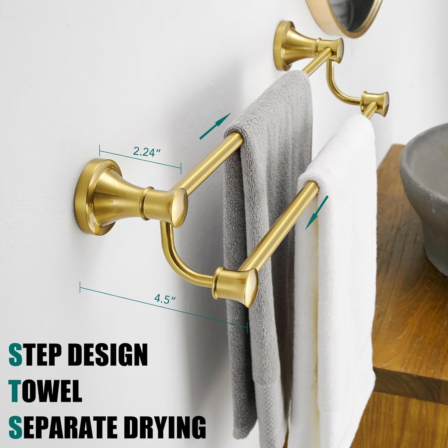 Adjustable Retractable Stainless Steel Bathroom Towel Bar - Wall Mounted Double Towel Rod Holder Rack, Brushed Gold Finish, 15-27 Inches