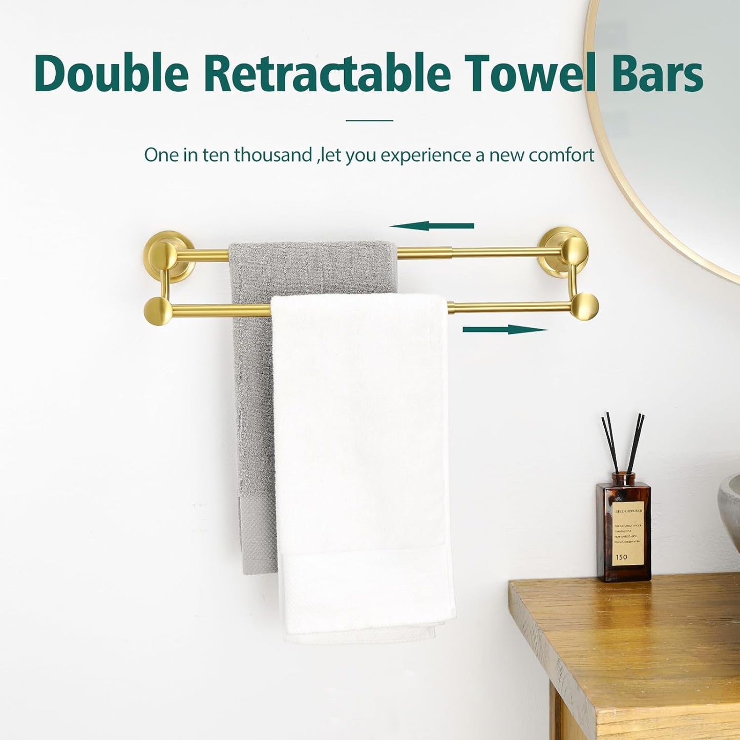 Adjustable Retractable Stainless Steel Bathroom Towel Bar - Wall Mounted Double Towel Rod Holder Rack, Brushed Gold Finish, 15-27 Inches